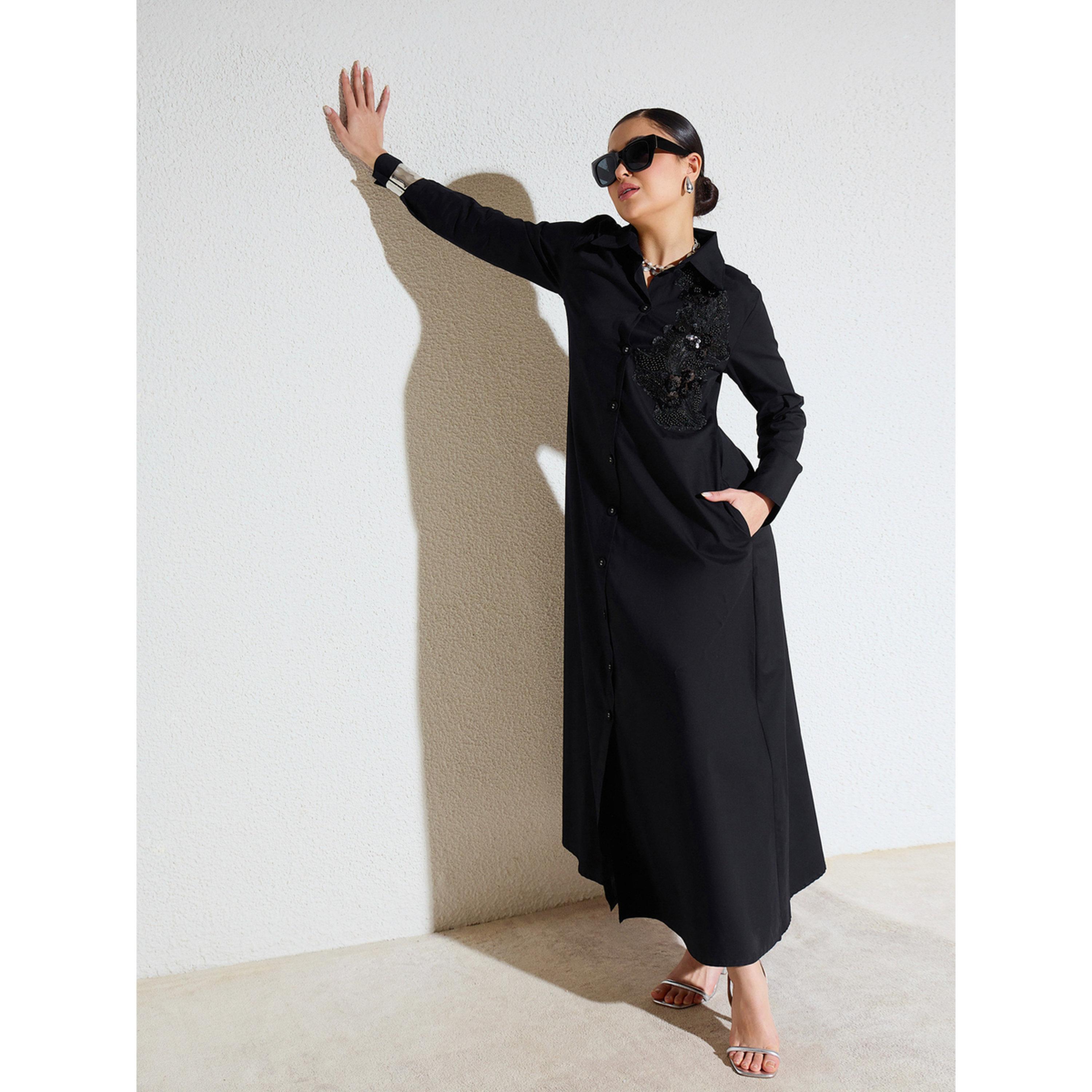فستان طويل بوبلين بتفاصيل دانتيل مزينة أسود-women-clothing-dresses-image-4