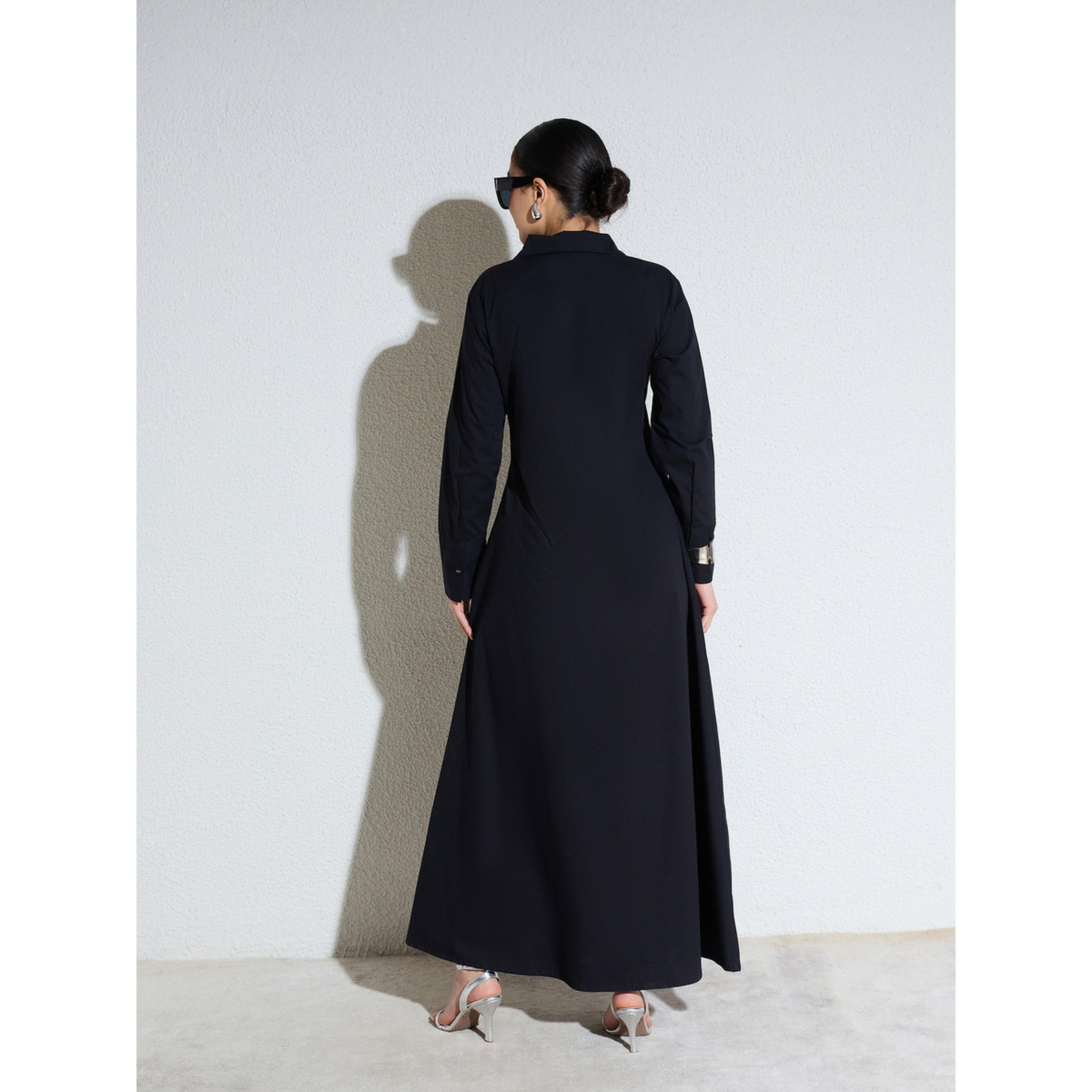 فستان طويل بوبلين بتفاصيل دانتيل مزينة أسود-women-clothing-dresses-image-5
