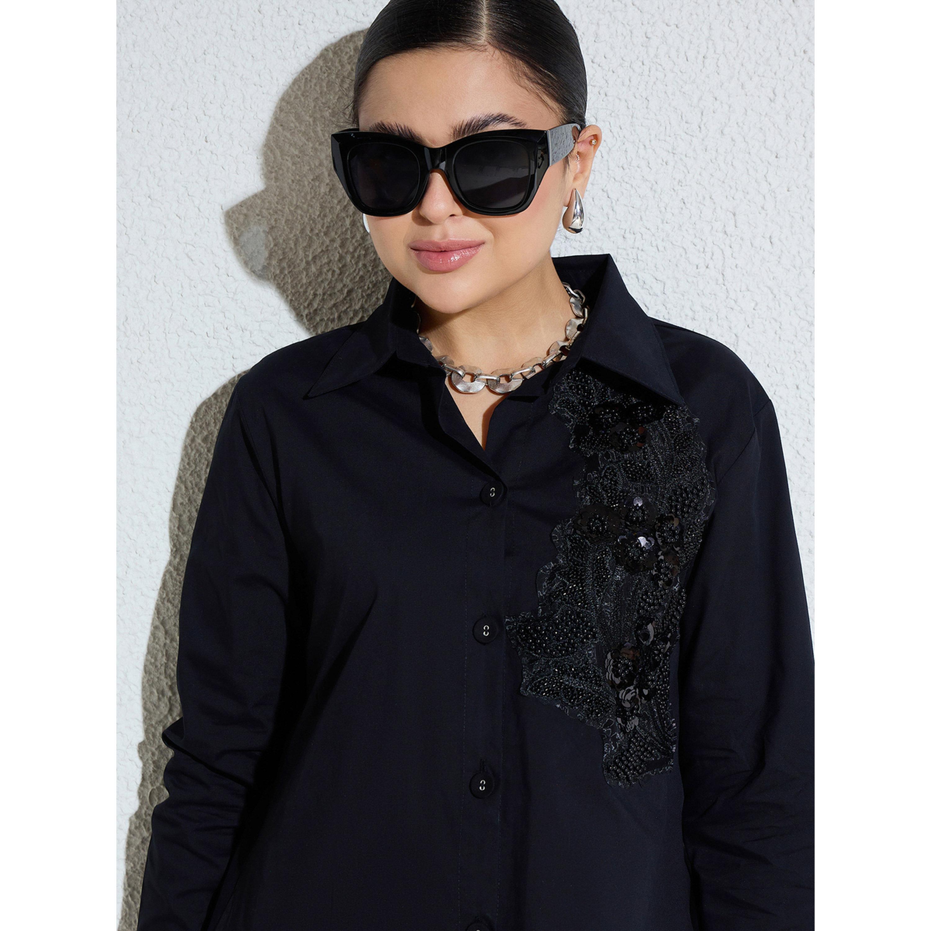 فستان طويل بوبلين بتفاصيل دانتيل مزينة أسود-women-clothing-dresses-image-6
