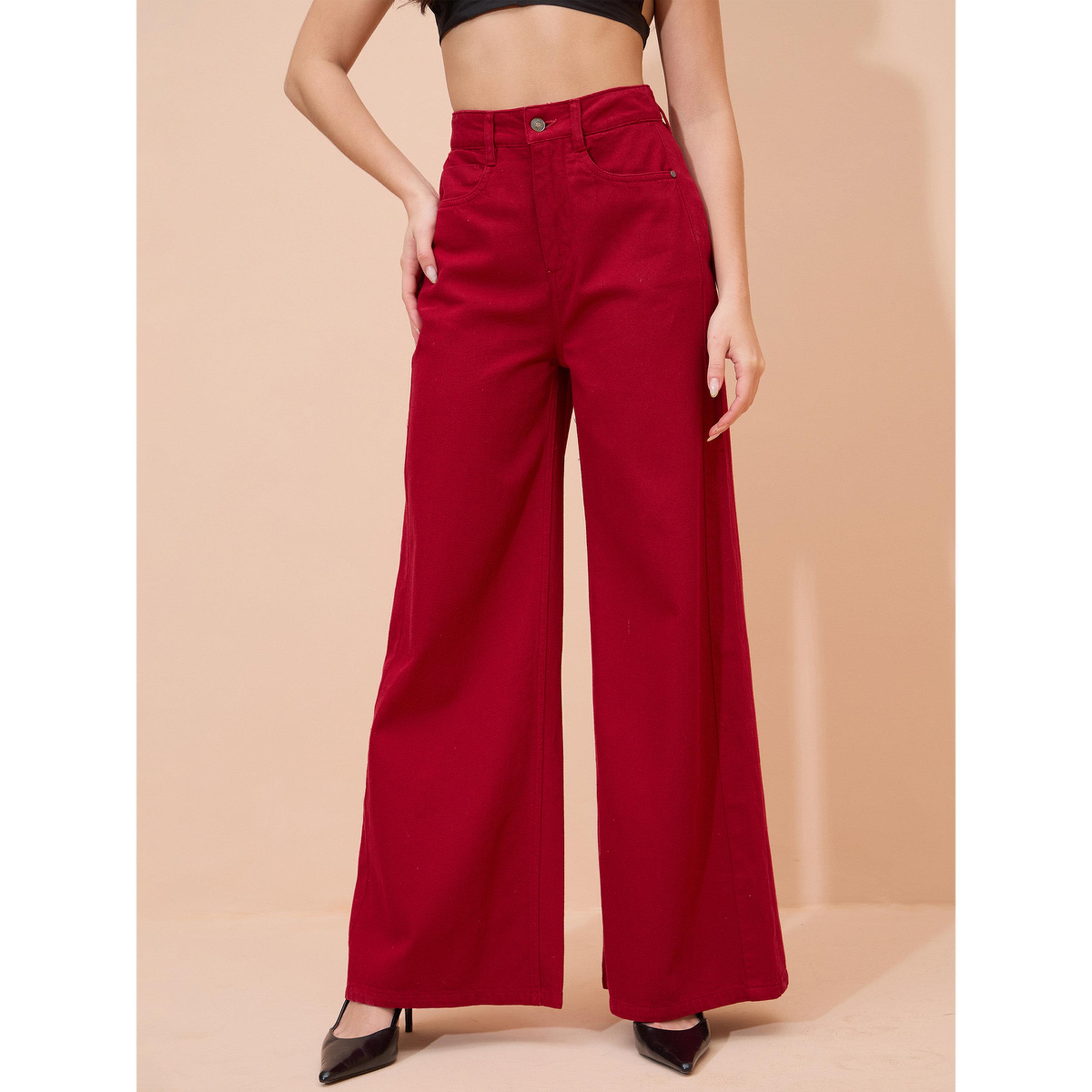 Sassafras X Styli Red Cotton Wide Leg Flared Jeans-women-clothing-bottoms-jeans-image-1