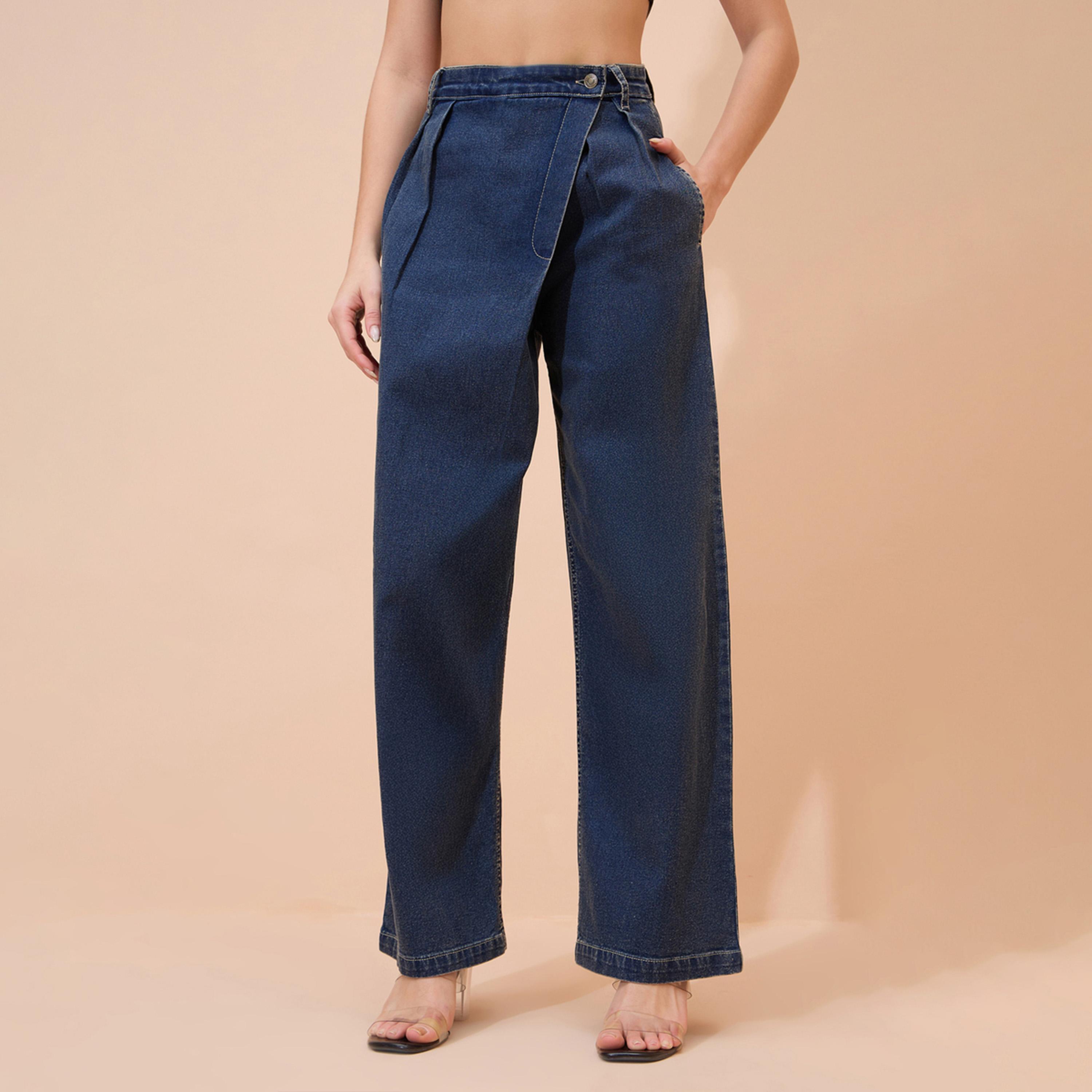 جينز مستقيم بتصميم ملفوف وغسيل أسيد أزرق-women-clothing-bottoms-jeans-image-1
