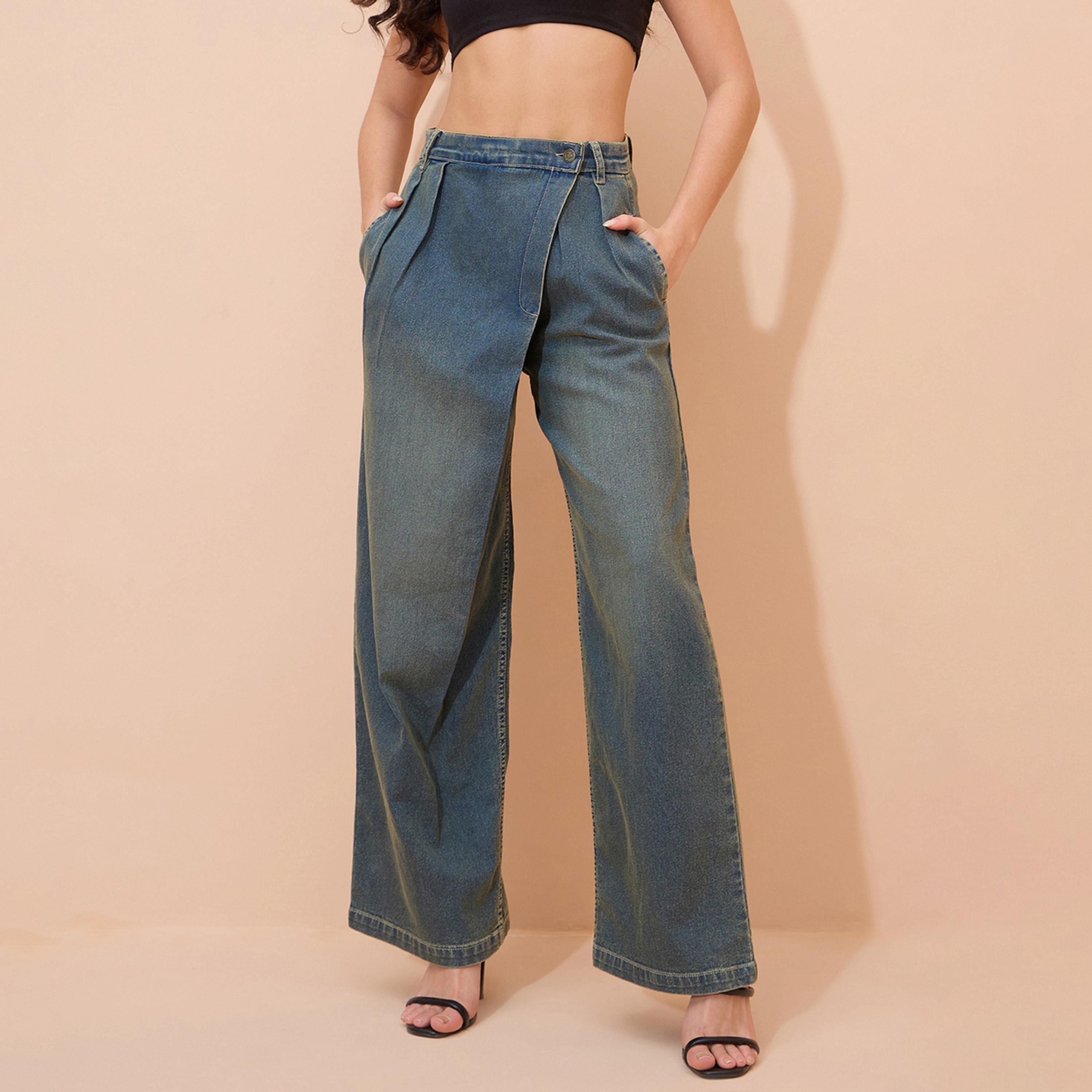 جينز مستقيم بتصميم ملفوف وغسيل أسيد-women-clothing-bottoms-jeans-image-1