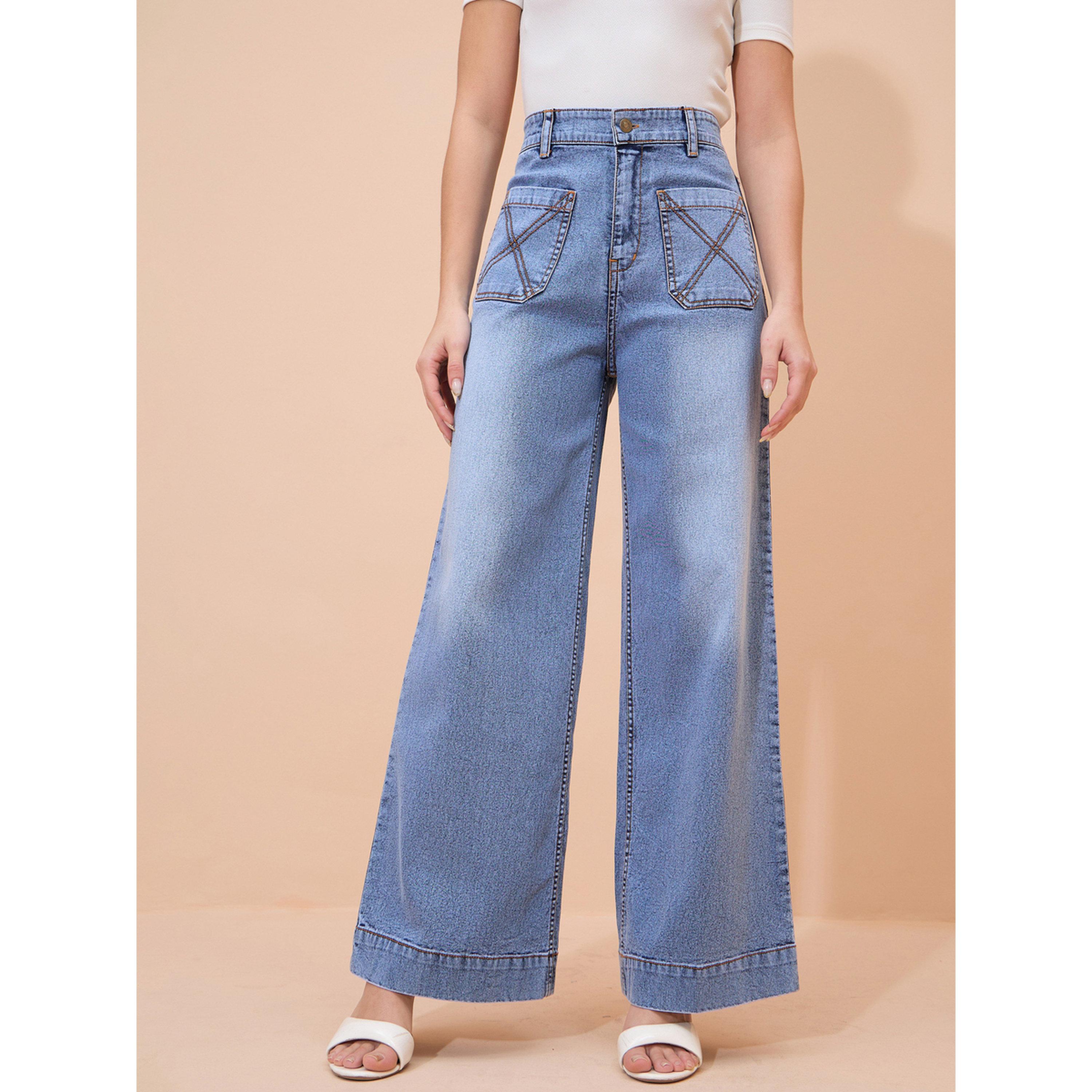 جينز بأرجل واسعة وجيوب أمامية وغسيل أسيد أزرق-women-clothing-bottoms-jeans-image-1