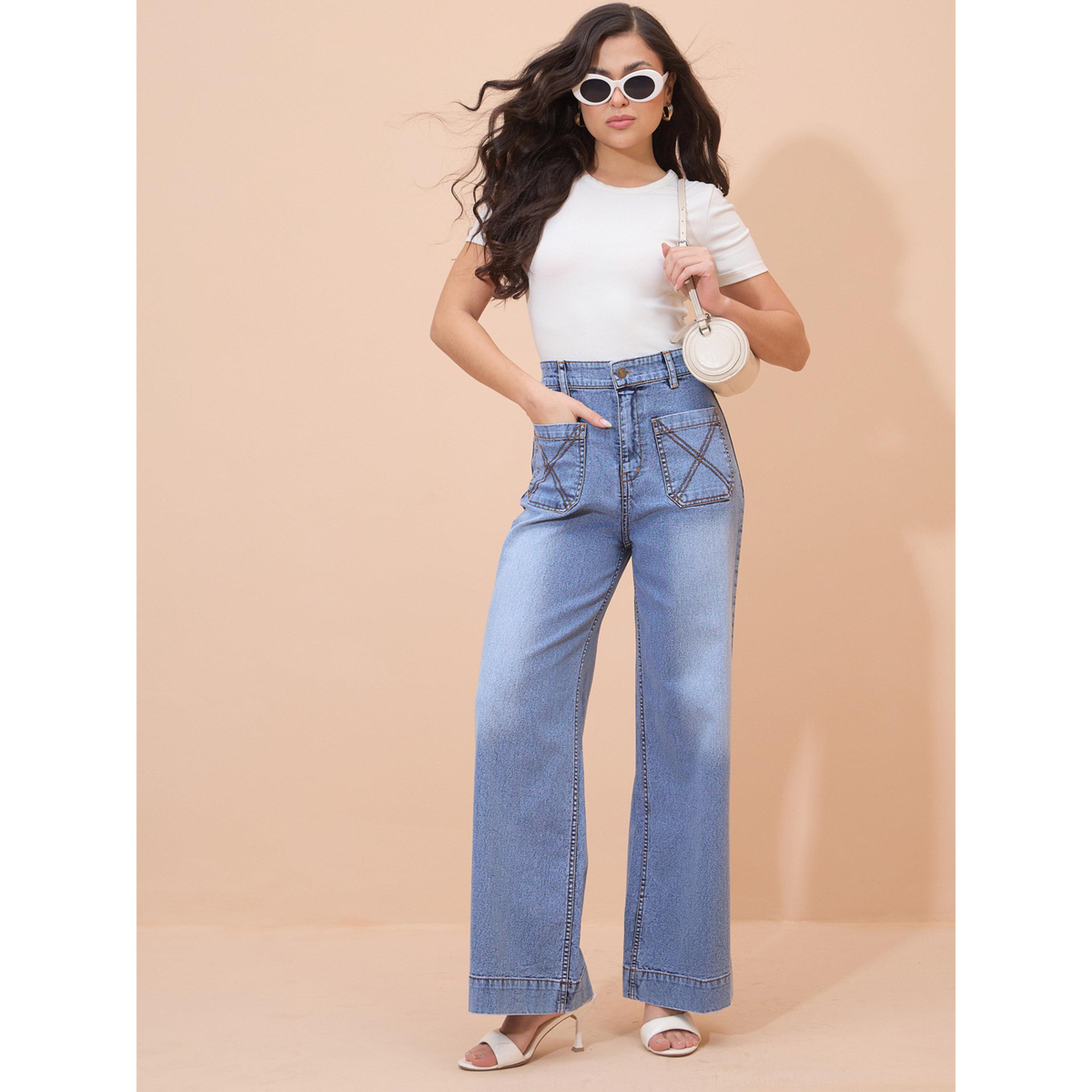 جينز بأرجل واسعة وجيوب أمامية وغسيل أسيد أزرق-women-clothing-bottoms-jeans-image-2
