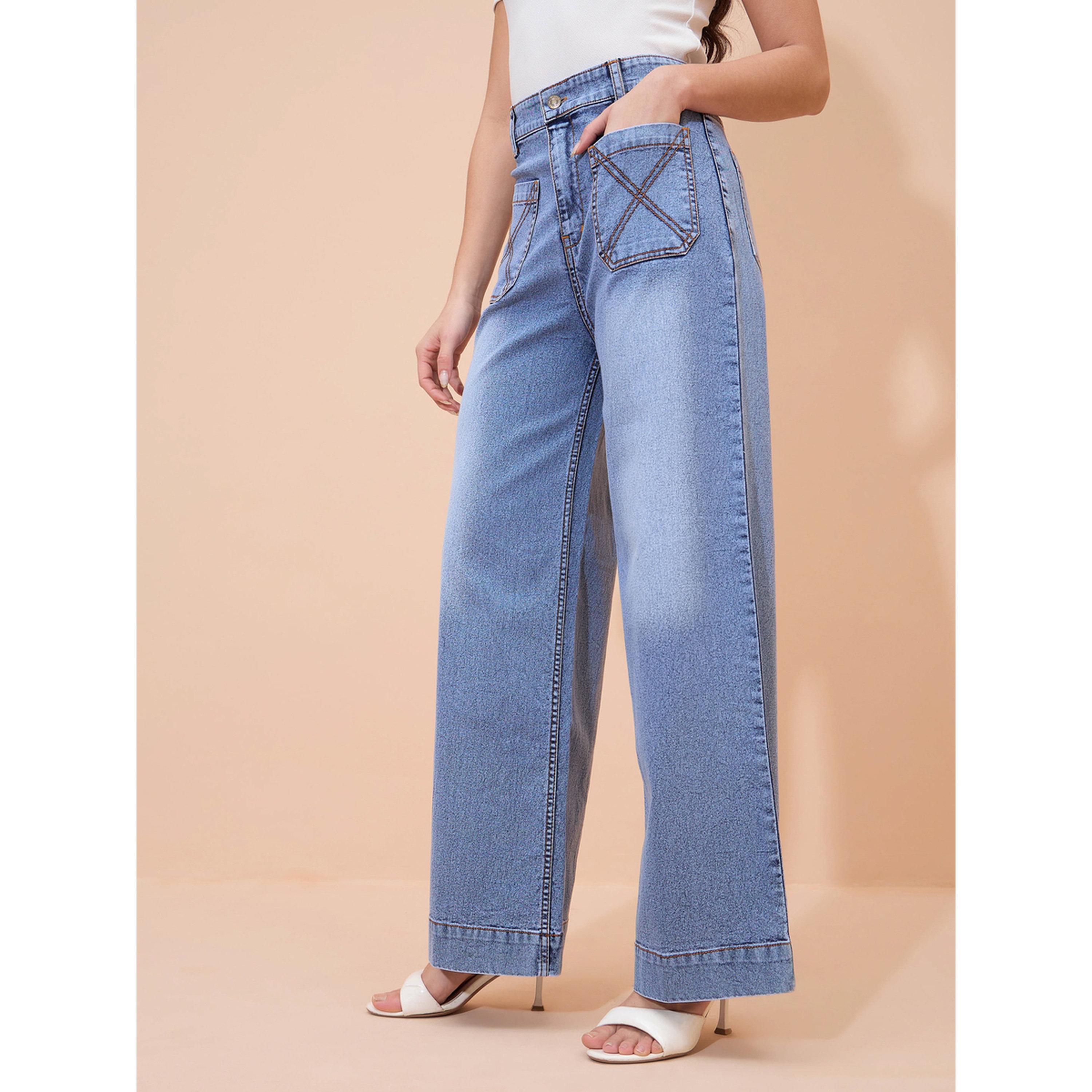 جينز بأرجل واسعة وجيوب أمامية وغسيل أسيد أزرق-women-clothing-bottoms-jeans-image-3