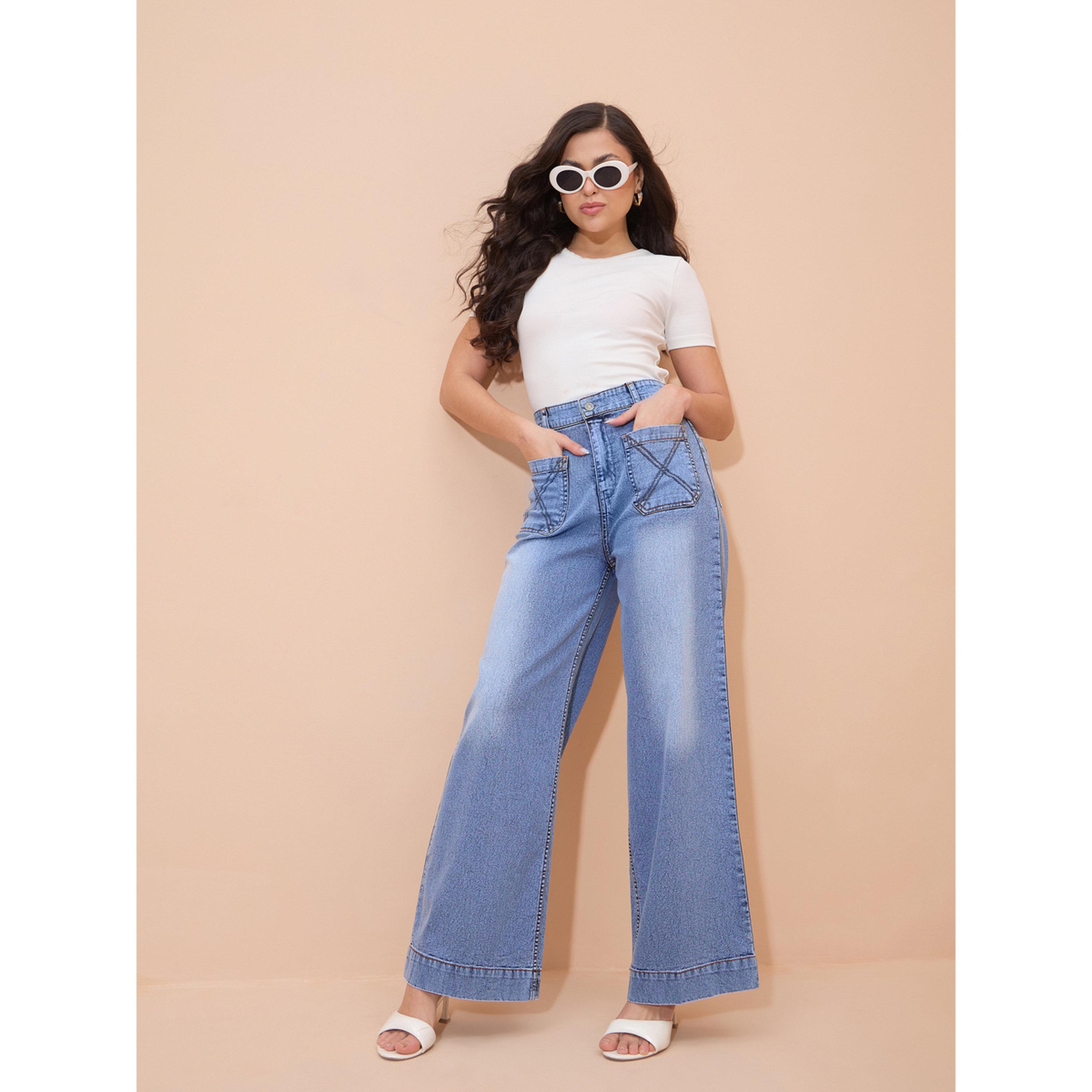 جينز بأرجل واسعة وجيوب أمامية وغسيل أسيد أزرق-women-clothing-bottoms-jeans-image-6