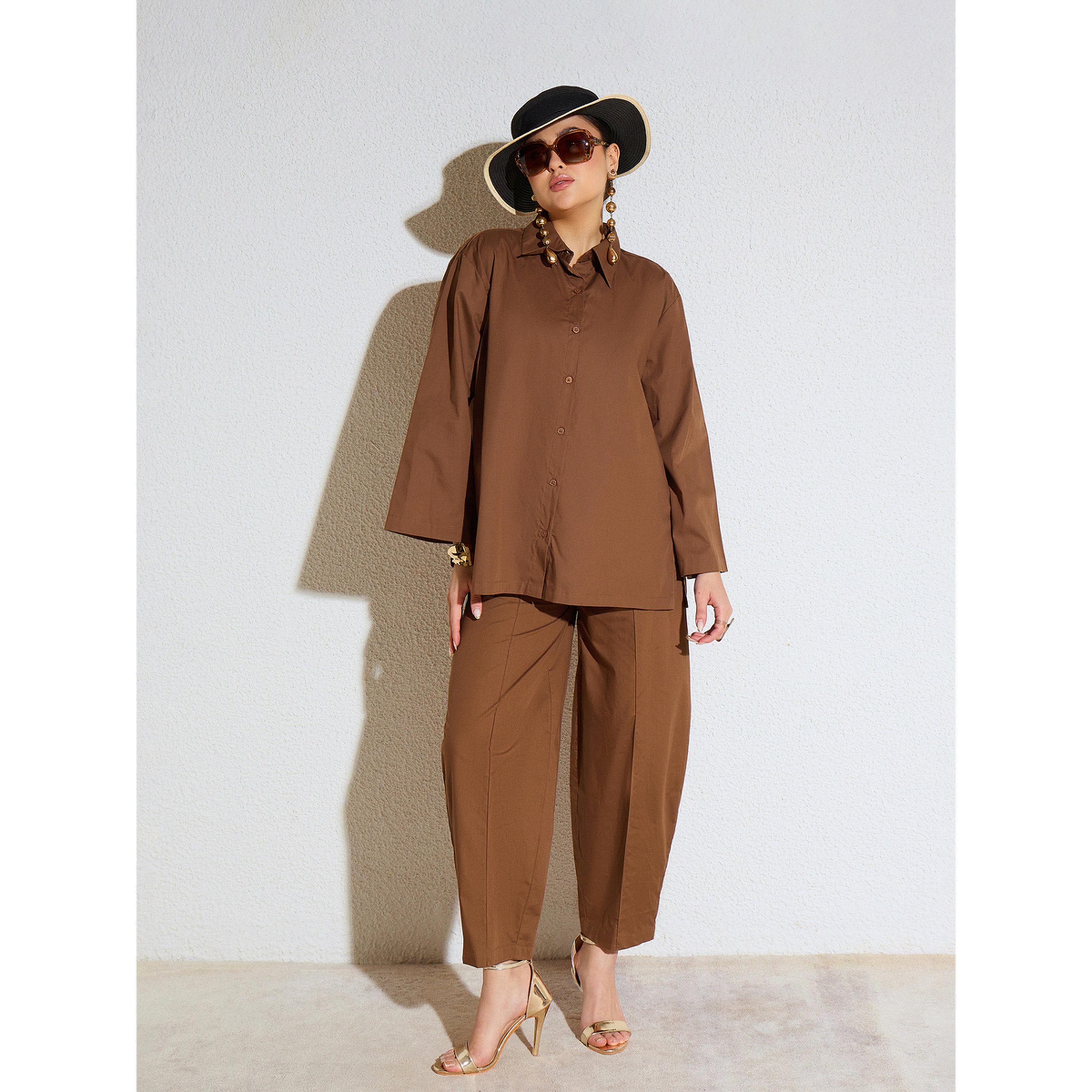 طقم منسق من بنطال بقصة مام فيت وبلوزة بوبلين واسعة بني-women-clothing-coordsets-image-1