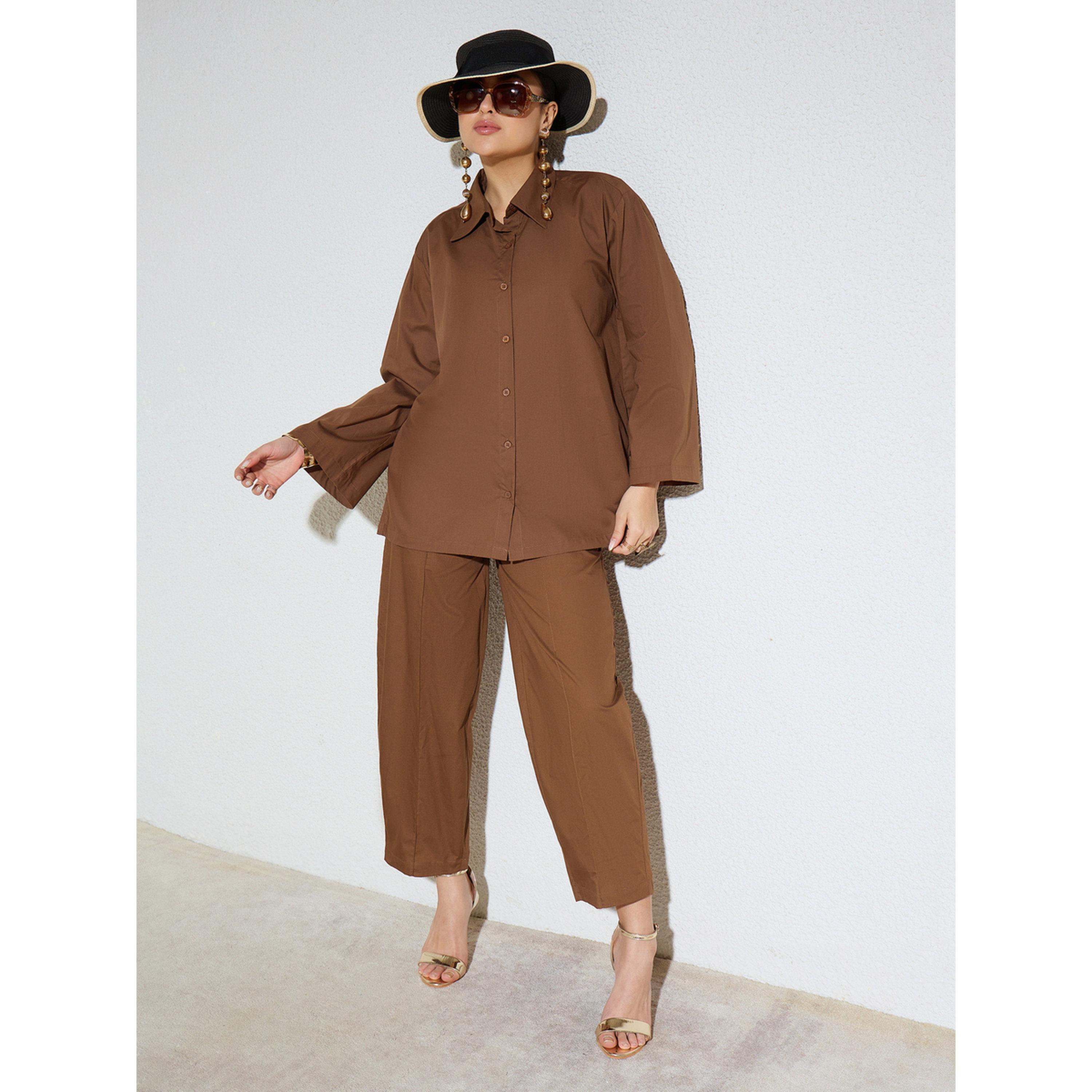 طقم منسق من بنطال بقصة مام فيت وبلوزة بوبلين واسعة بني-women-clothing-coordsets-image-2