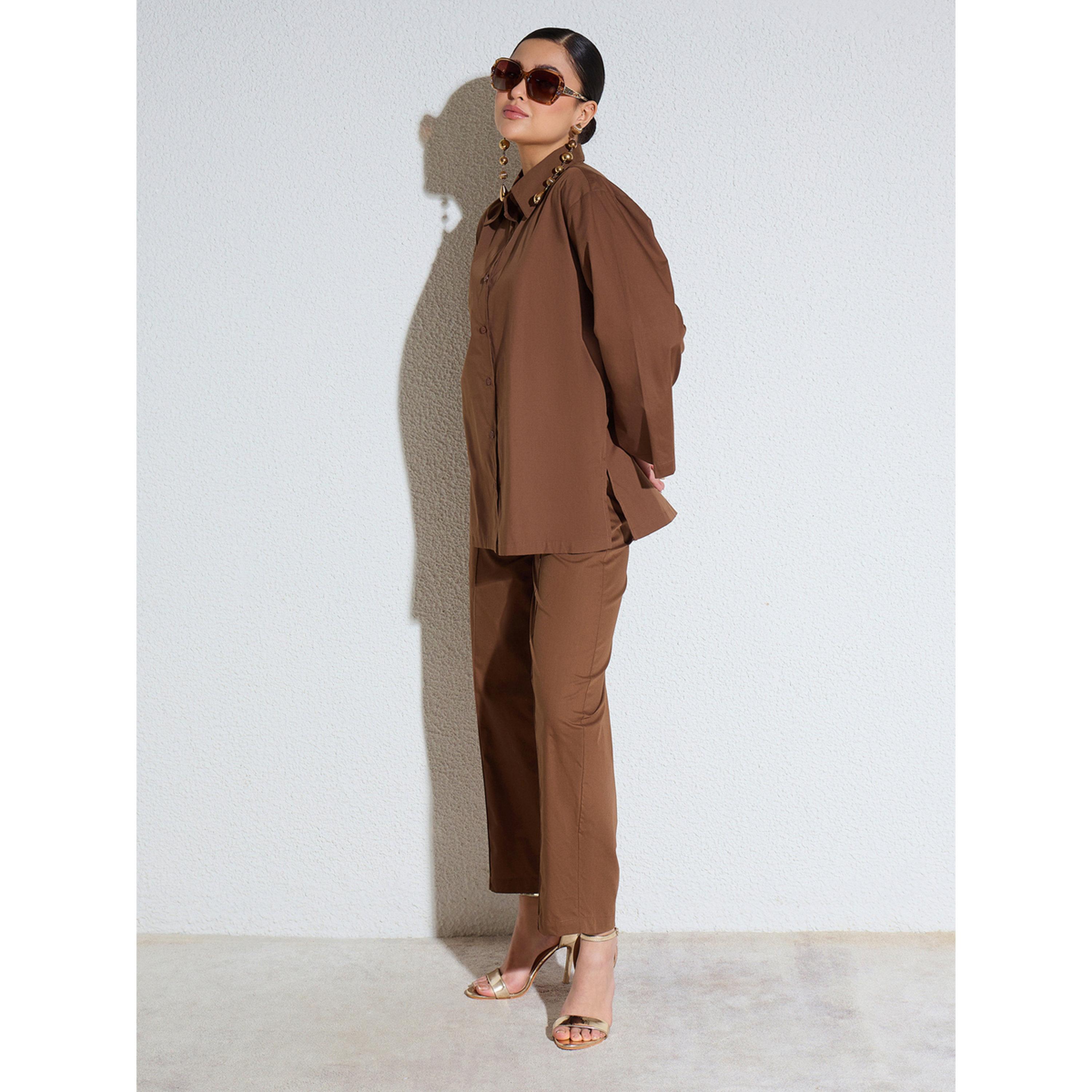 طقم منسق من بنطال بقصة مام فيت وبلوزة بوبلين واسعة بني-women-clothing-coordsets-image-3