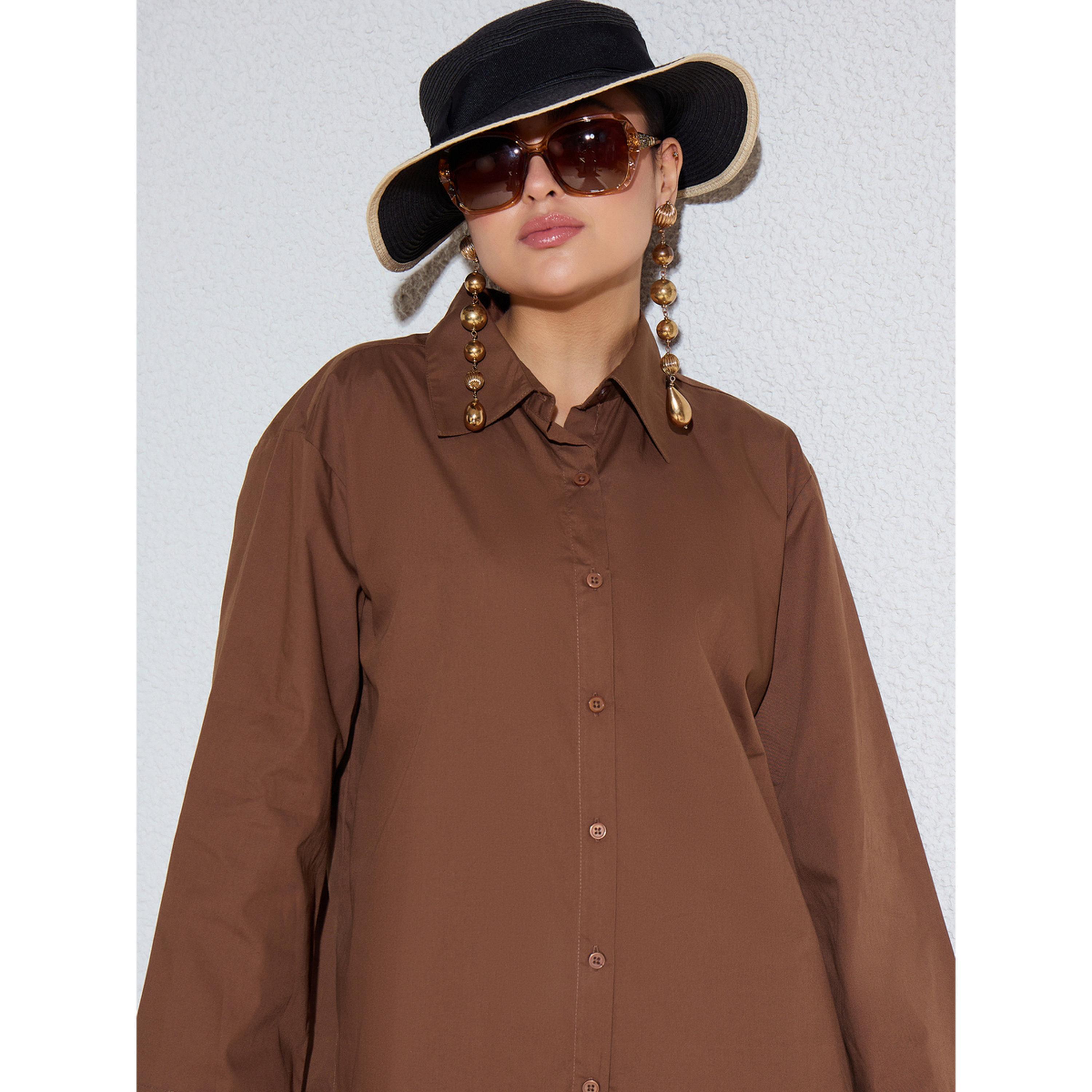 طقم منسق من بنطال بقصة مام فيت وبلوزة بوبلين واسعة بني-women-clothing-coordsets-image-4