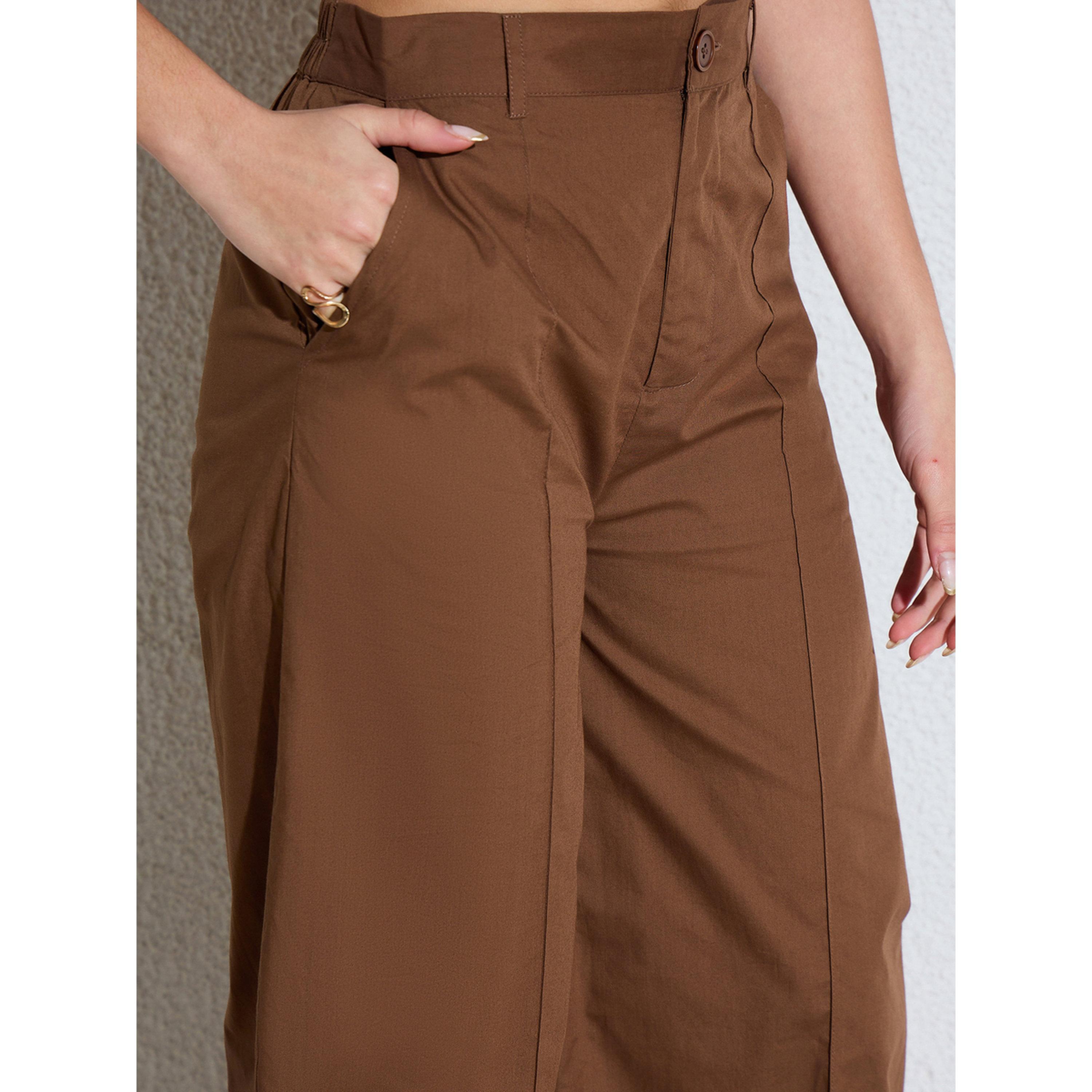 طقم منسق من بنطال بقصة مام فيت وبلوزة بوبلين واسعة بني-women-clothing-coordsets-image-5