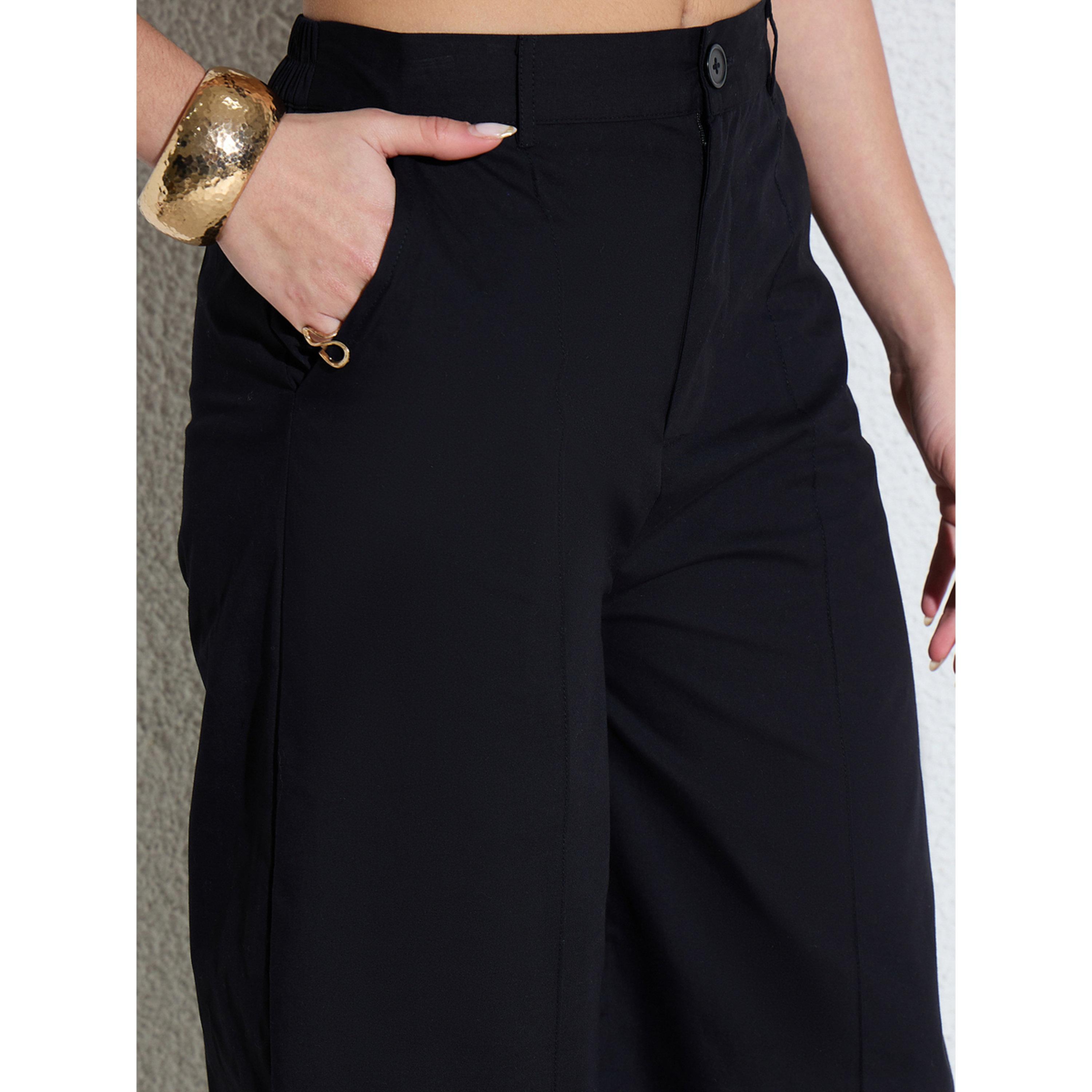 طقم منسق من بنطال بقصة مام فيت وبلوزة بوبلين واسعة أسود-women-clothing-coordsets-image-5