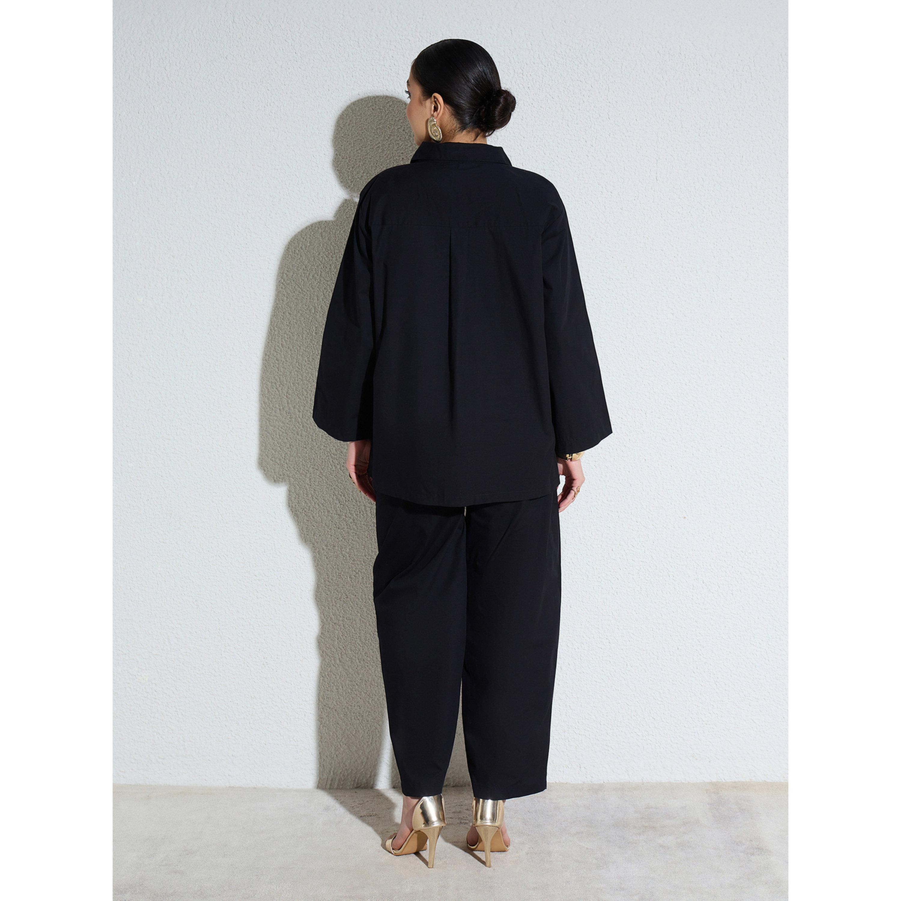Sassafras X Styli Black Poplin Oversized Shirt and Mom Fit Pants Co-Ords-women-clothing-coordsets-image-6