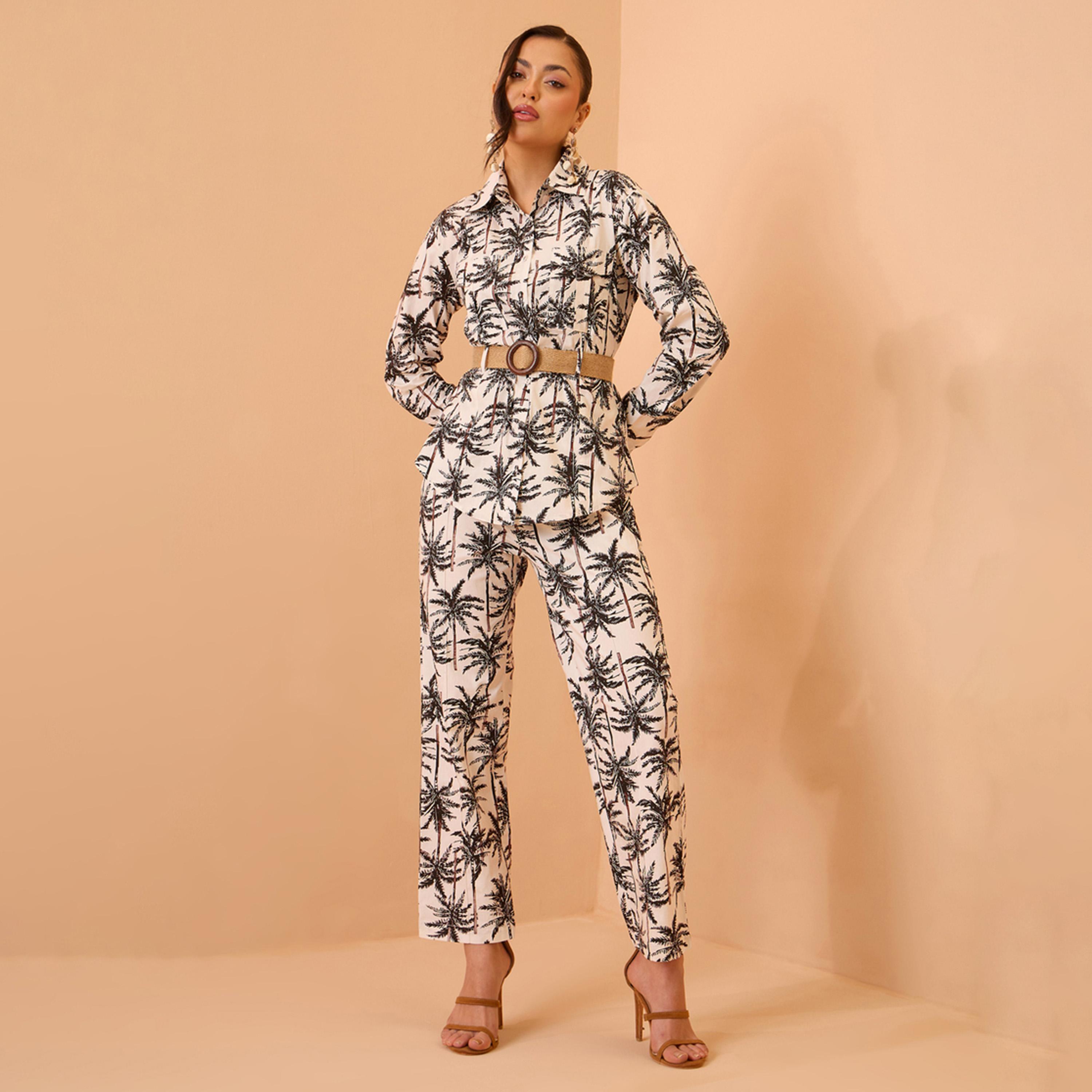 طقم منسق من بنطال مستقيم وبلوزة قطن بحزام وطبعة استوائية أسود-women-clothing-coordsets-image-1