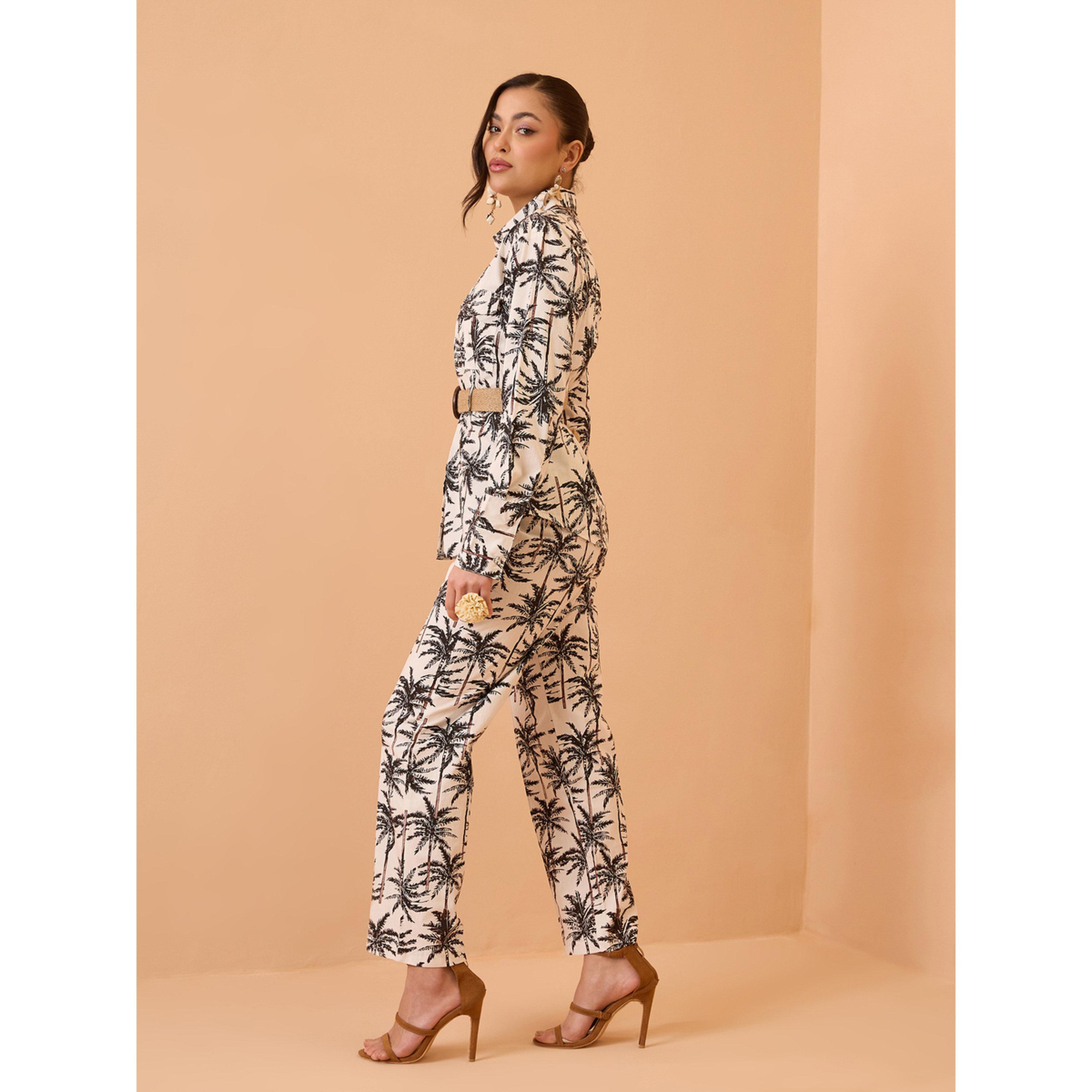 طقم منسق من بنطال مستقيم وبلوزة قطن بحزام وطبعة استوائية أسود-women-clothing-coordsets-image-3