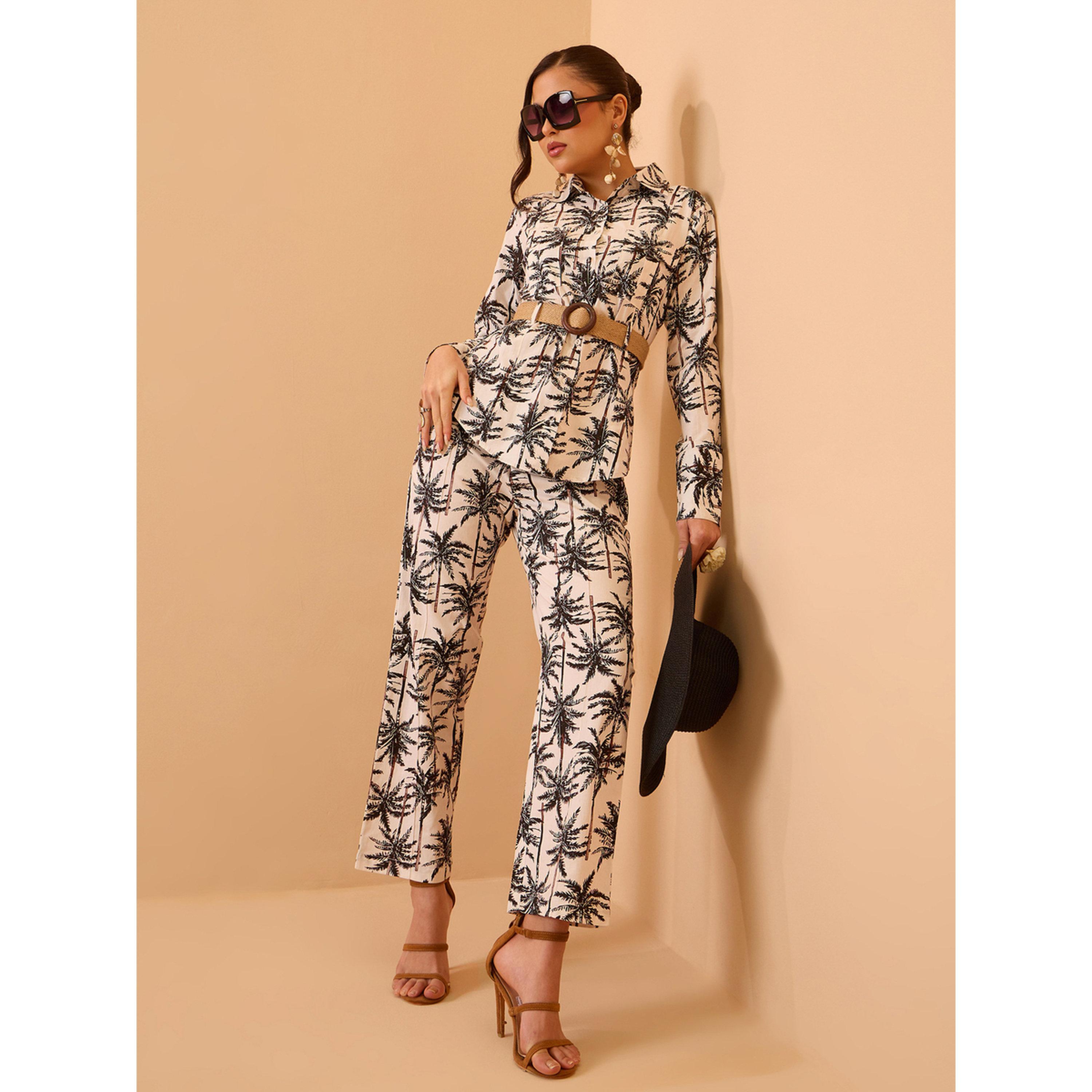طقم منسق من بنطال مستقيم وبلوزة قطن بحزام وطبعة استوائية أسود-women-clothing-coordsets-image-4
