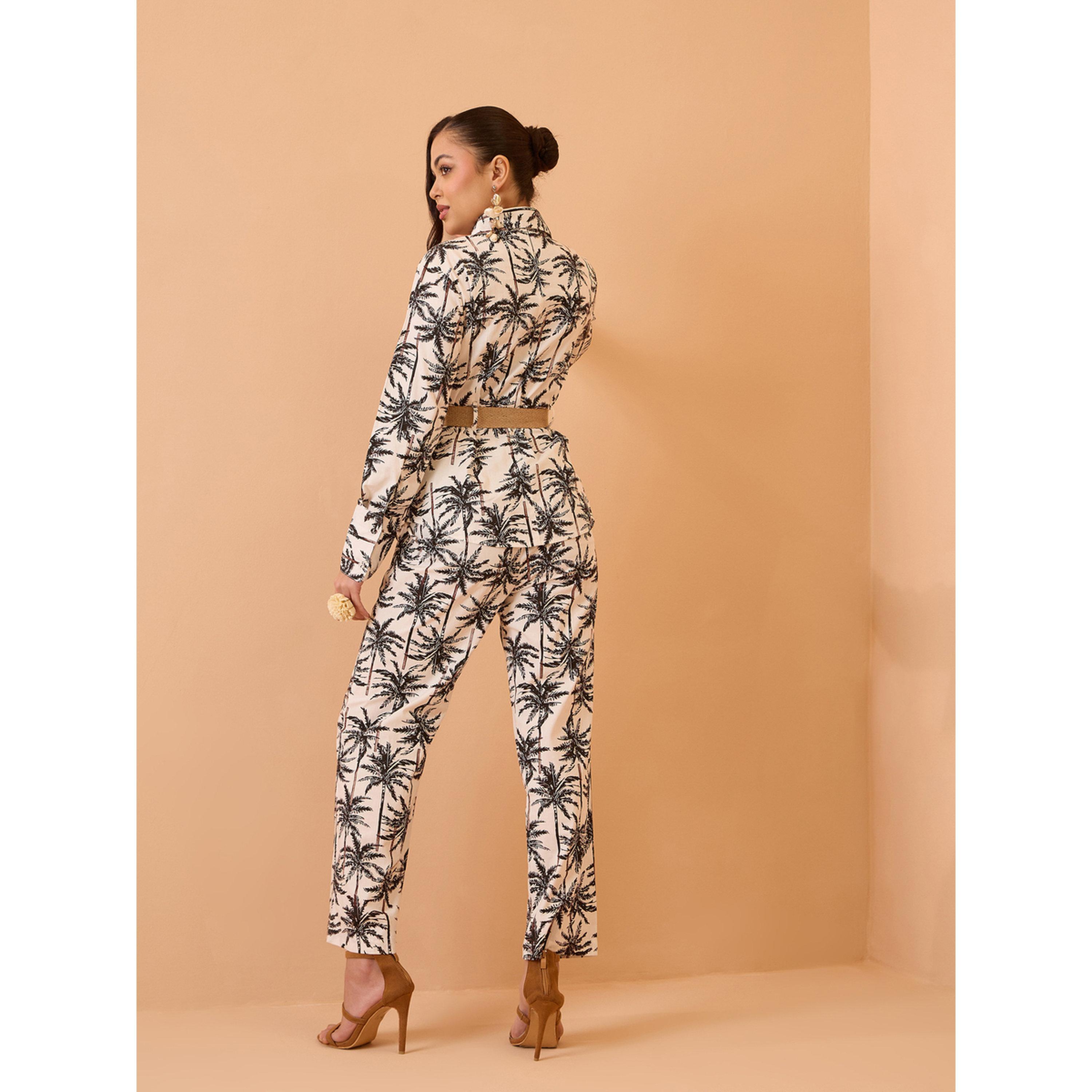 طقم منسق من بنطال مستقيم وبلوزة قطن بحزام وطبعة استوائية أسود-women-clothing-coordsets-image-5