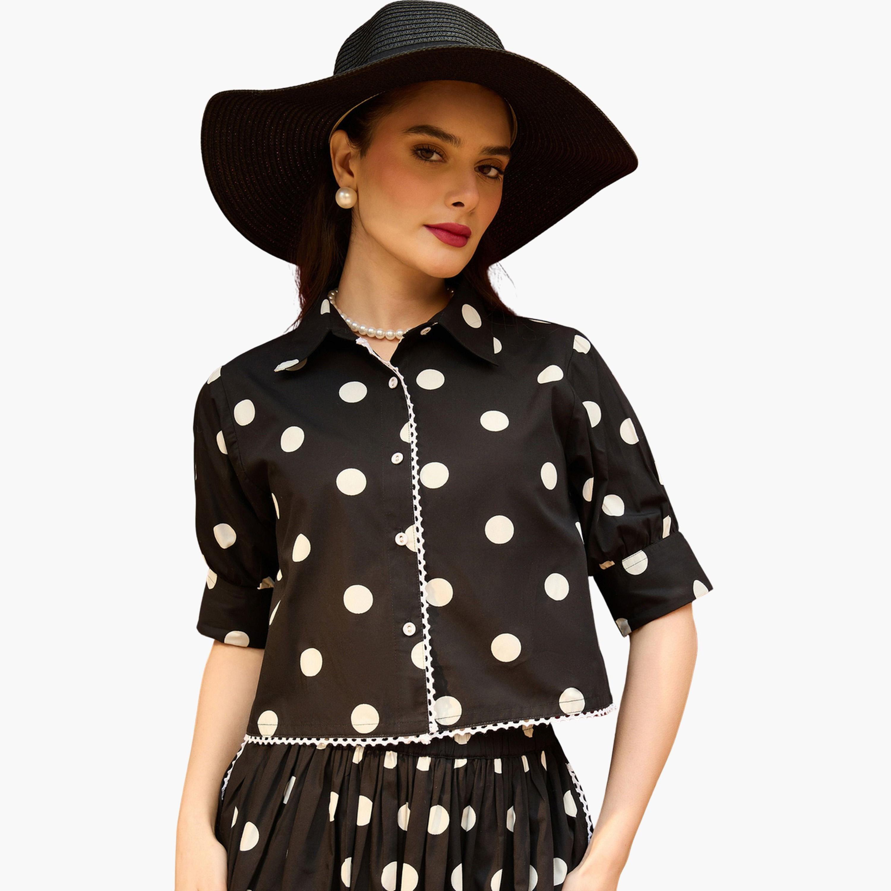 Sassafras X Styli Black Polka Dot Crop Shirt and Skirt Co-Ords-women-clothing-coordsets-image-4