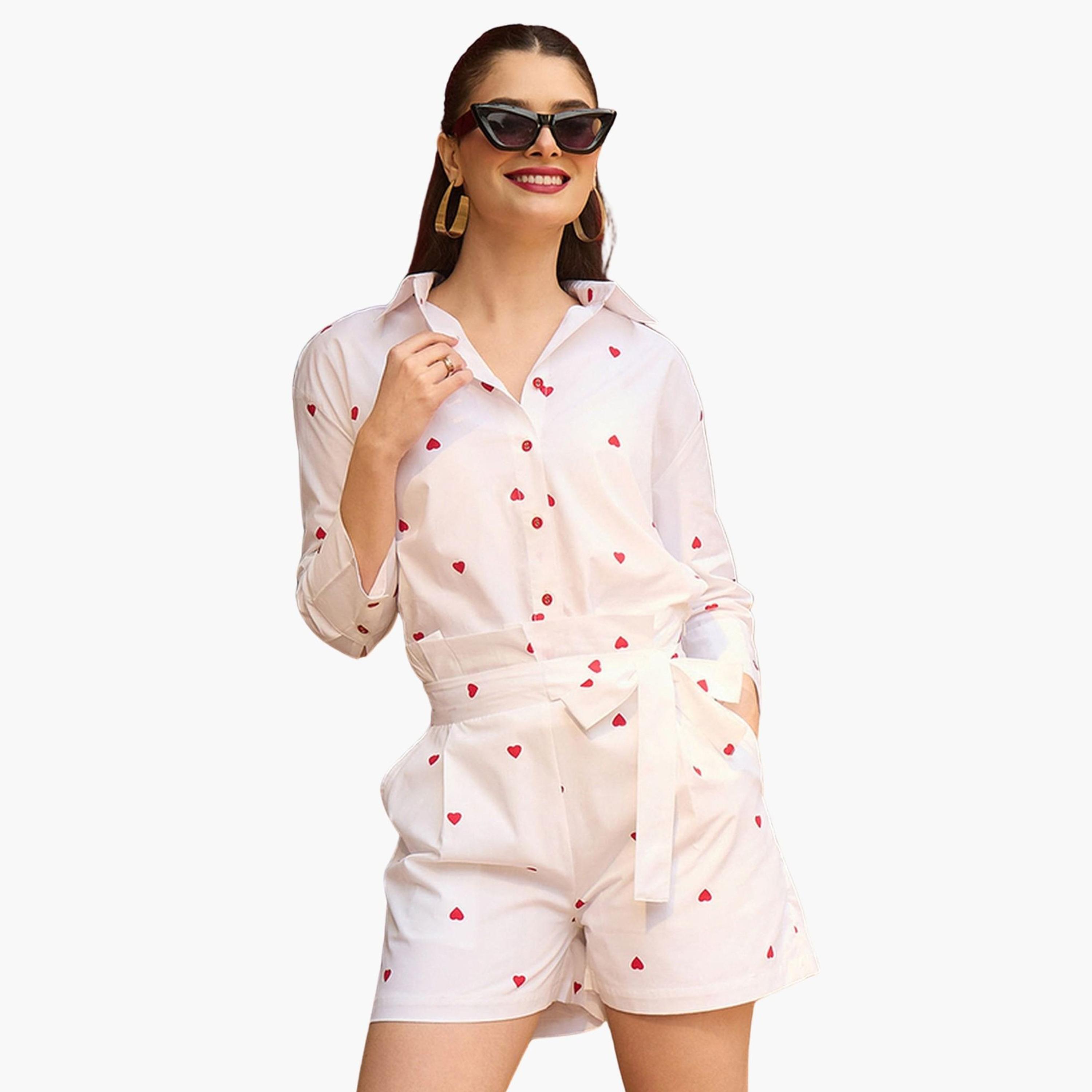 Sassafras X Styli White Heart Print Shirt and Paperbag Shorts Co-Ords-women-clothing-coordsets-image-1