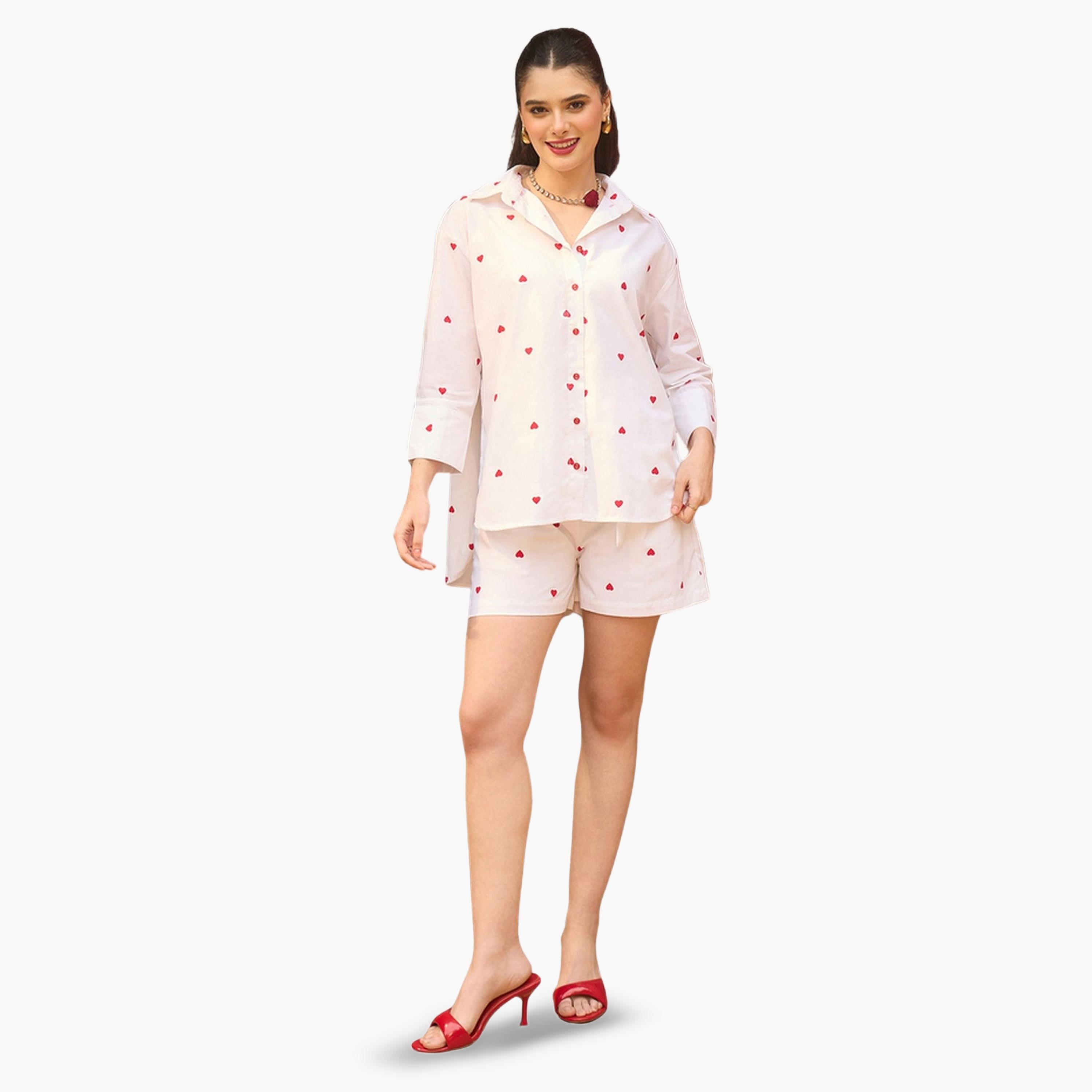 Sassafras X Styli White Heart Print Shirt and Paperbag Shorts Co-Ords-women-clothing-coordsets-image-2