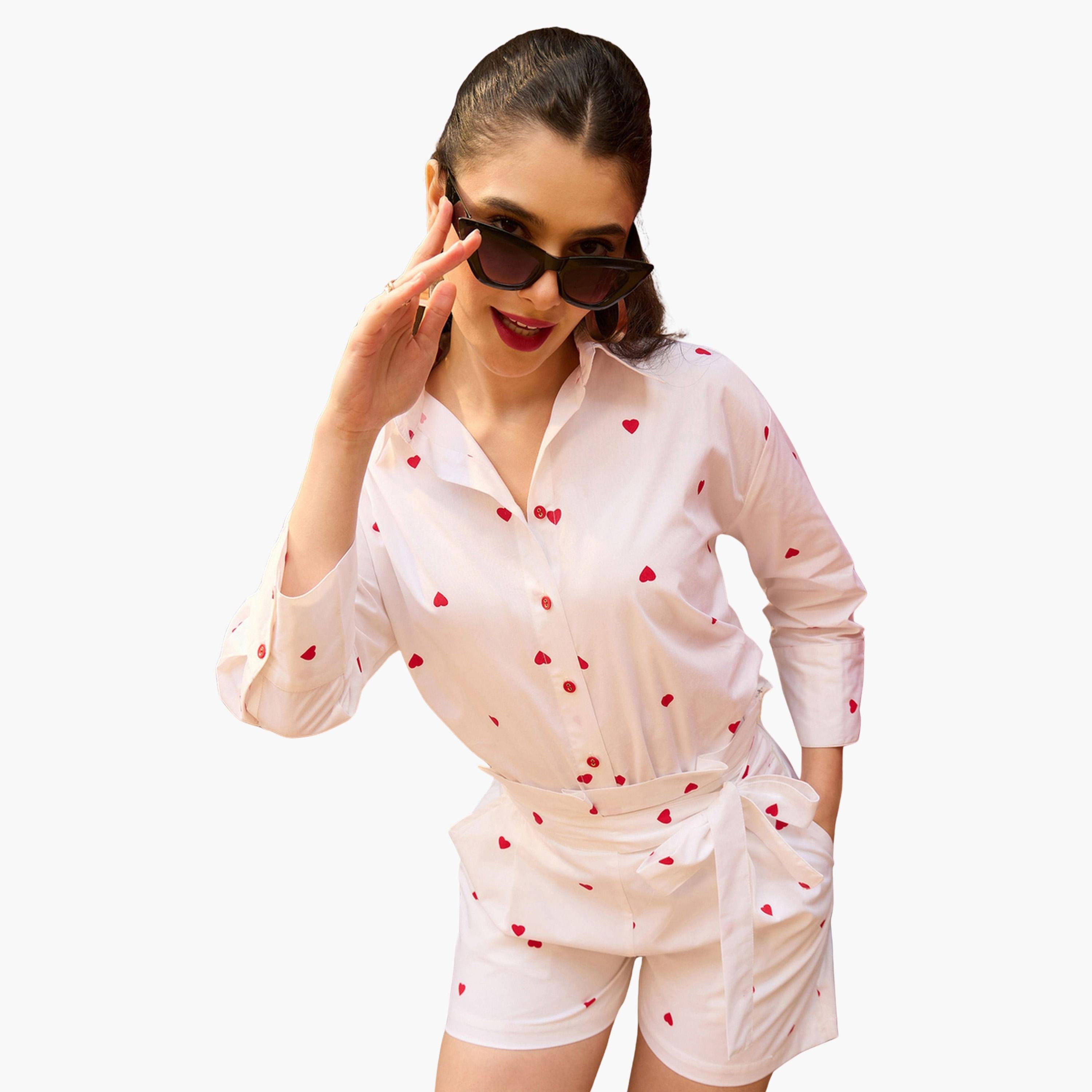 Sassafras X Styli White Heart Print Shirt and Paperbag Shorts Co-Ords-women-clothing-coordsets-image-4