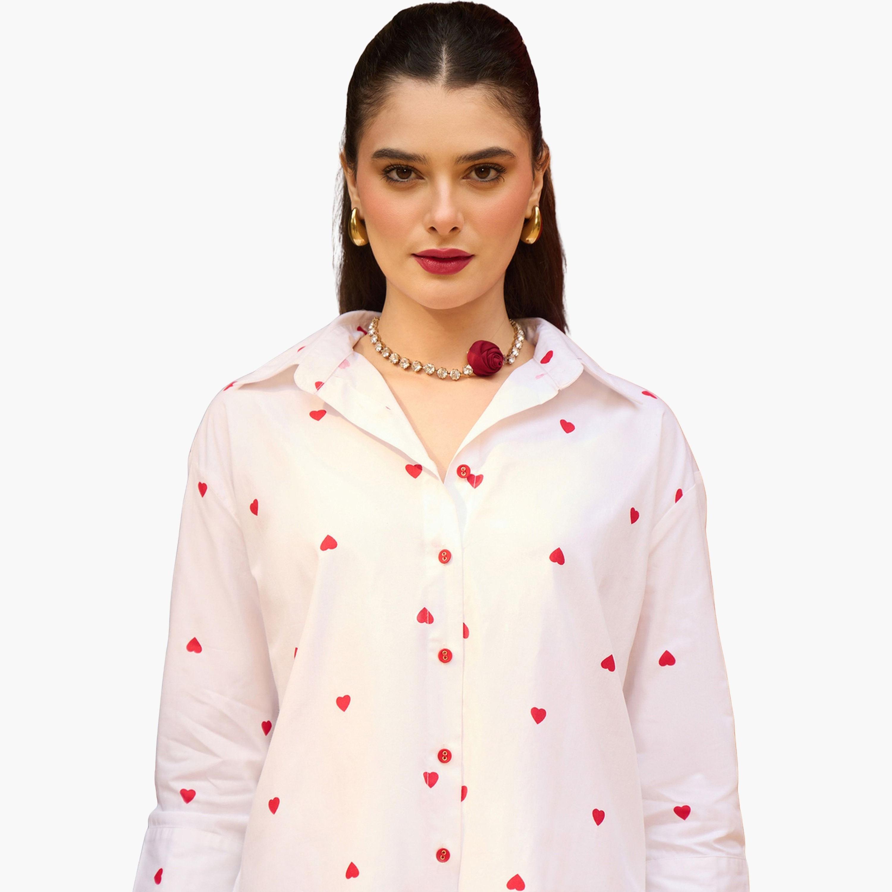 Sassafras X Styli White Heart Print Shirt and Paperbag Shorts Co-Ords-women-clothing-coordsets-image-6
