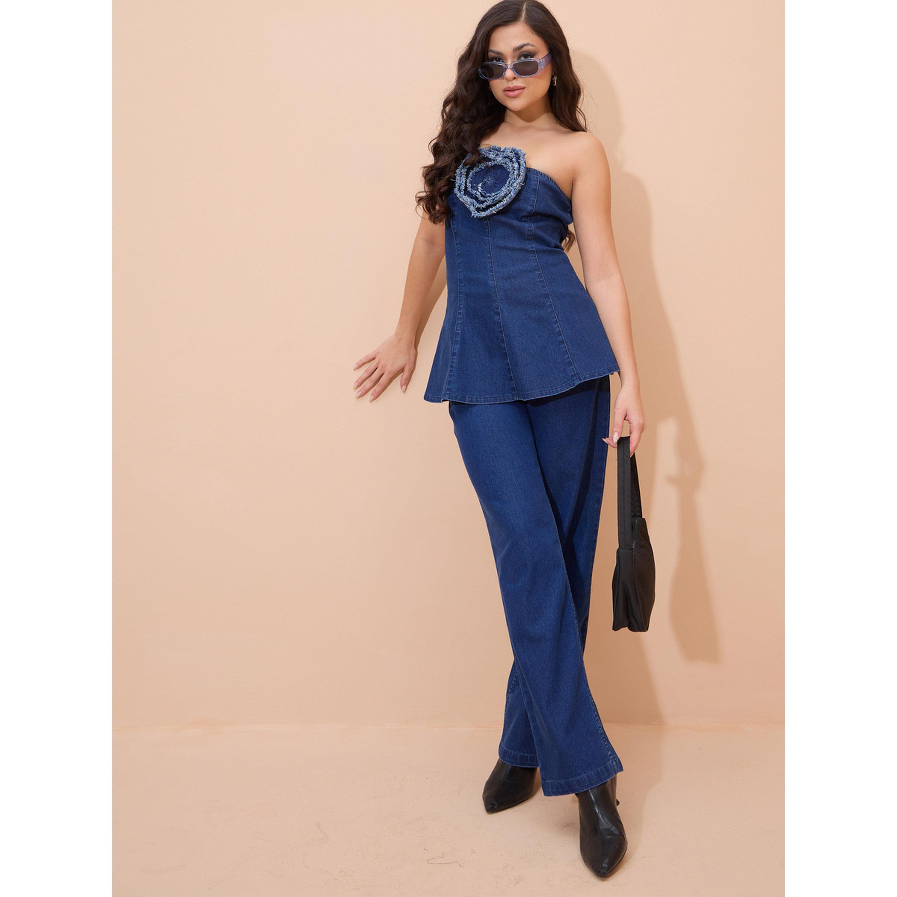 طقم منسق من جينز وبلوزة تيوب دنيم بيبلم كحلي-women-clothing-coordsets-image-2
