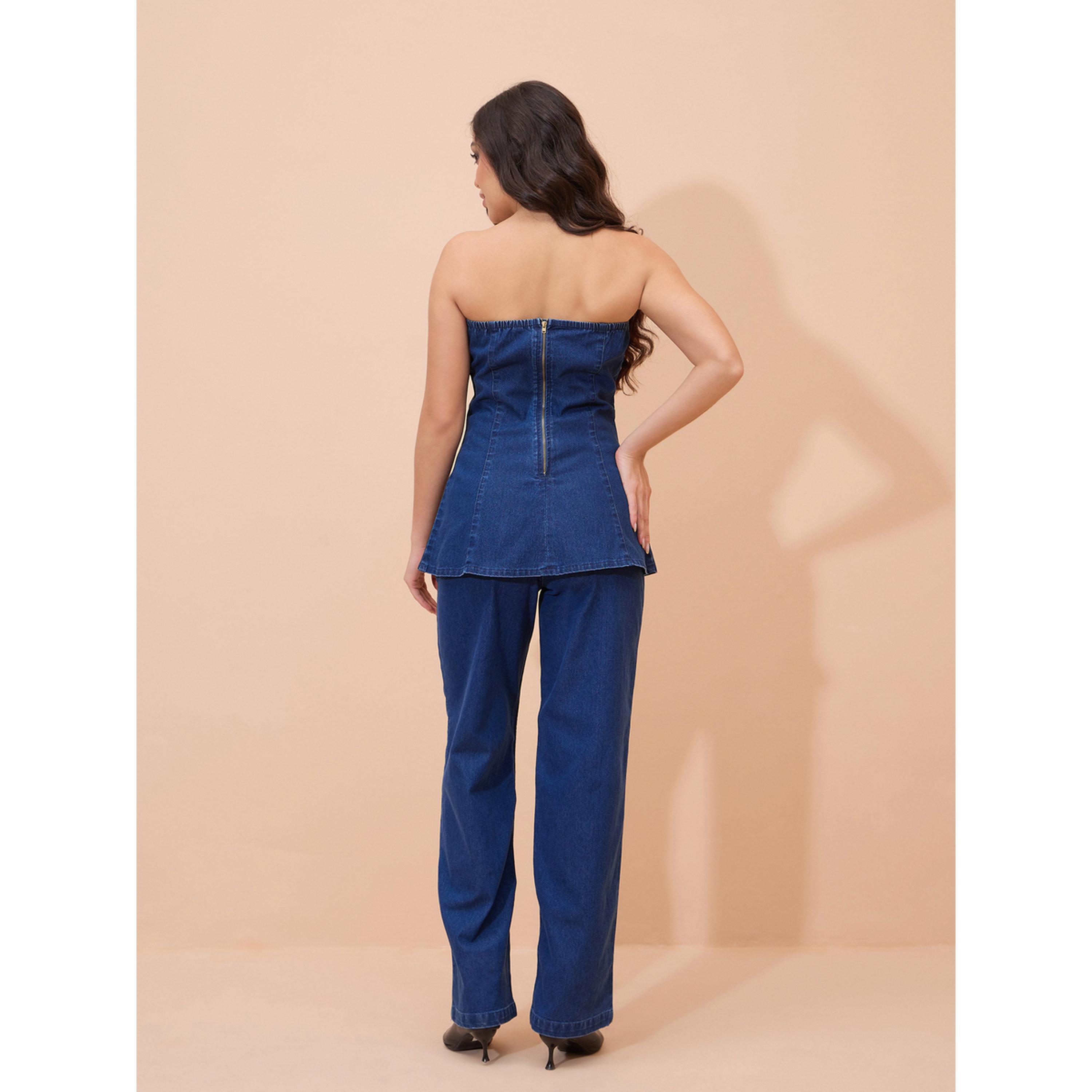 طقم منسق من جينز وبلوزة تيوب دنيم بيبلم كحلي-women-clothing-coordsets-image-6
