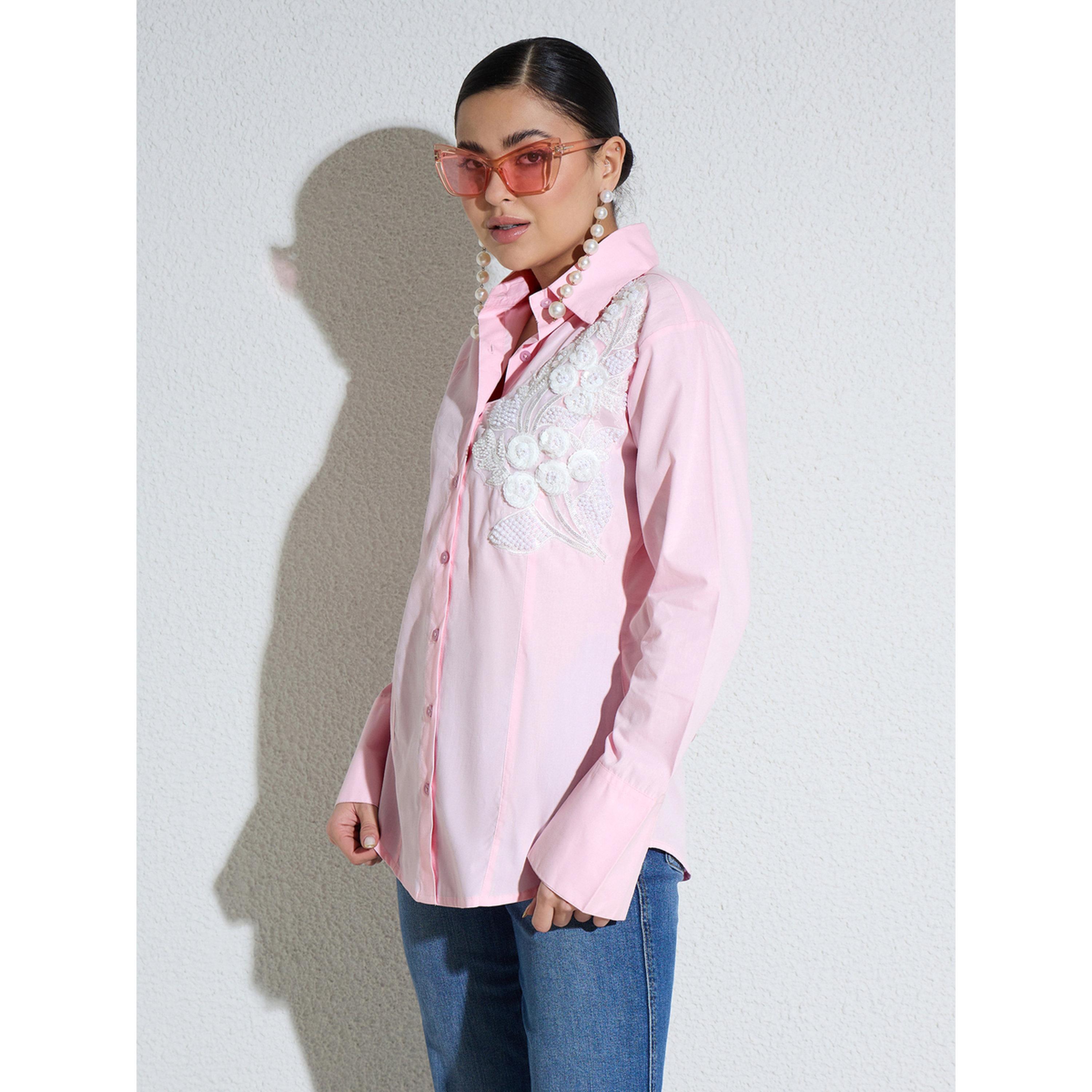 Sassafras X Styli Pink Embellished Lace Patch Slim Fit Shirt-women-clothing-shirtsandblouses-shirts-image-3
