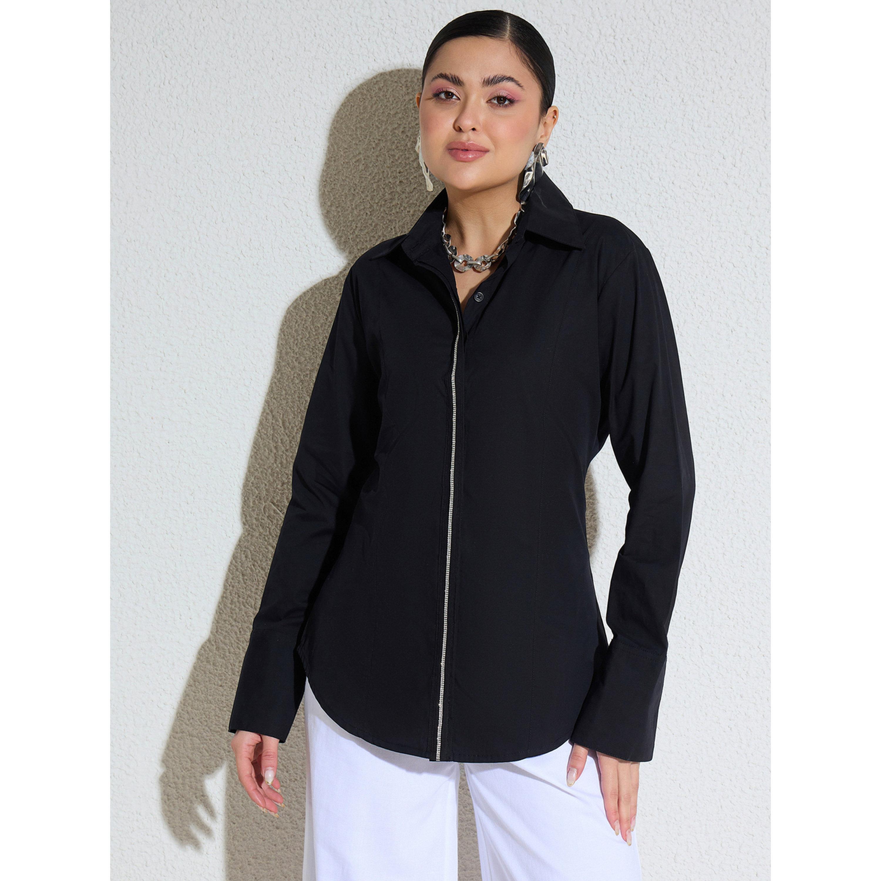 بلوزة قصة ضيقة بفتحة أزرار مزينة أسود-women-clothing-shirtsandblouses-shirts-image-1