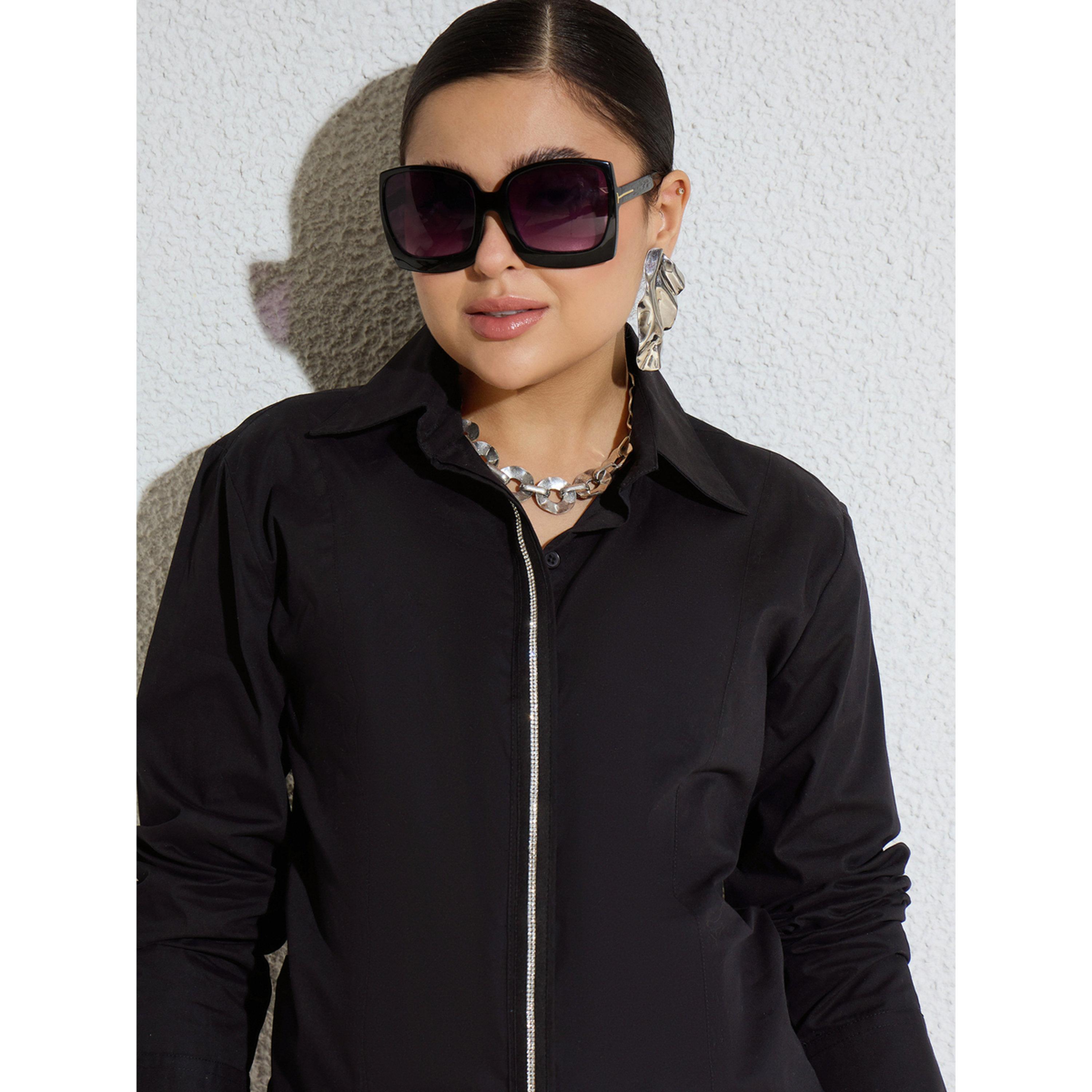 بلوزة قصة ضيقة بفتحة أزرار مزينة أسود-women-clothing-shirtsandblouses-shirts-image-4