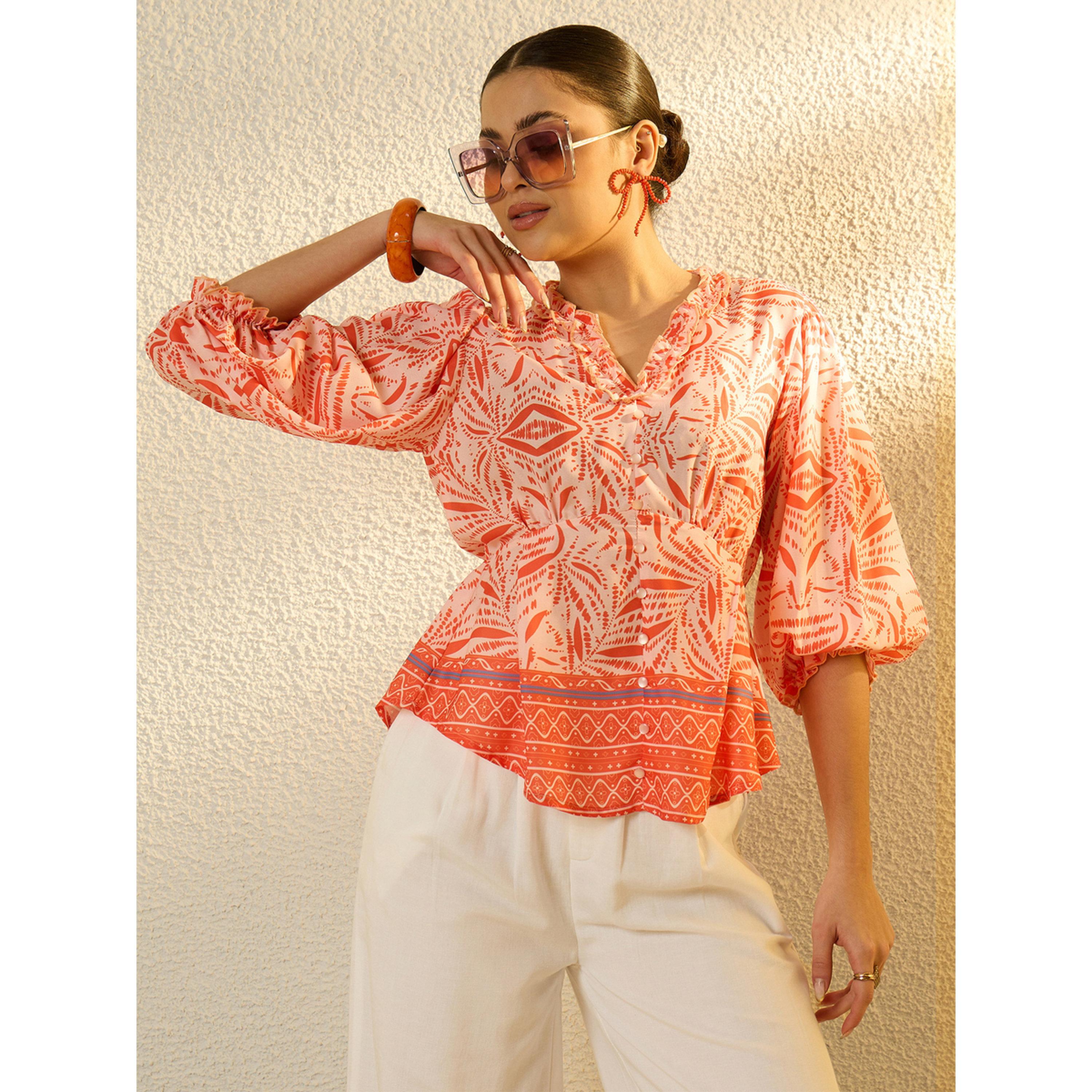 بلوزة مطبوعة بياقة V برتقالي-women-clothing-shirtsandblouses-blouses-image-1