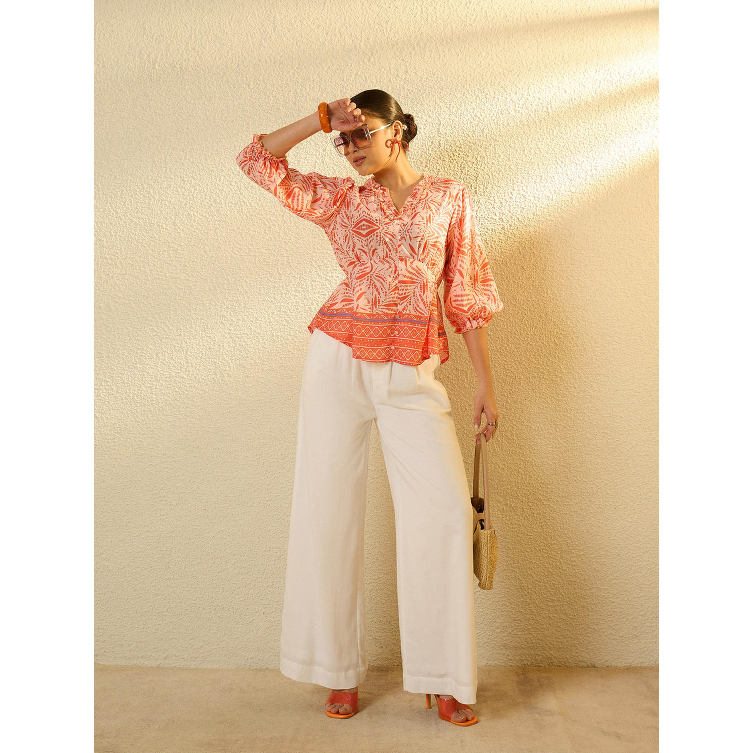 بلوزة مطبوعة بياقة V برتقالي-women-clothing-shirtsandblouses-blouses-image-2