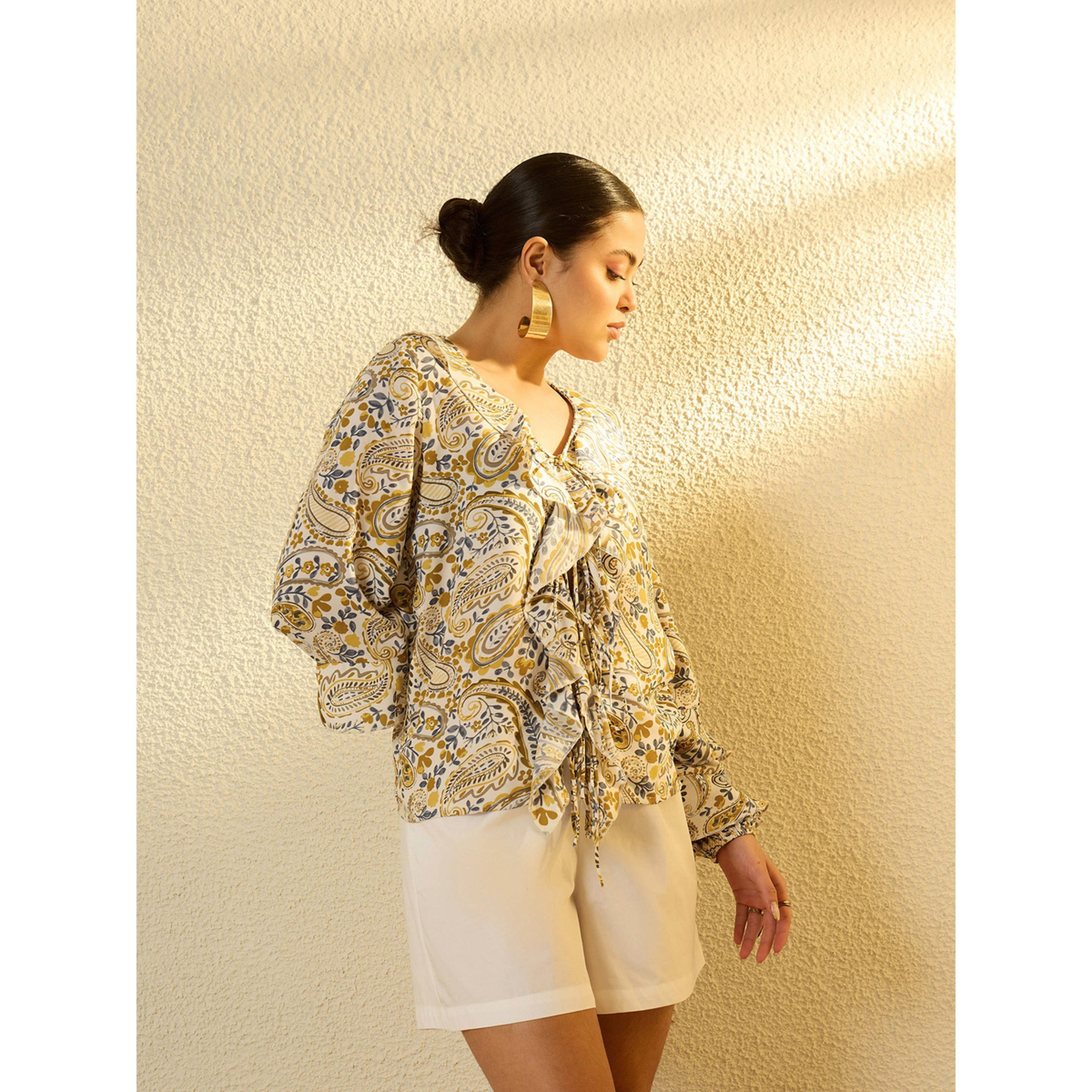 بلوزة بكشكش وطبعة بيزلي خردلي-women-clothing-shirtsandblouses-blouses-image-3