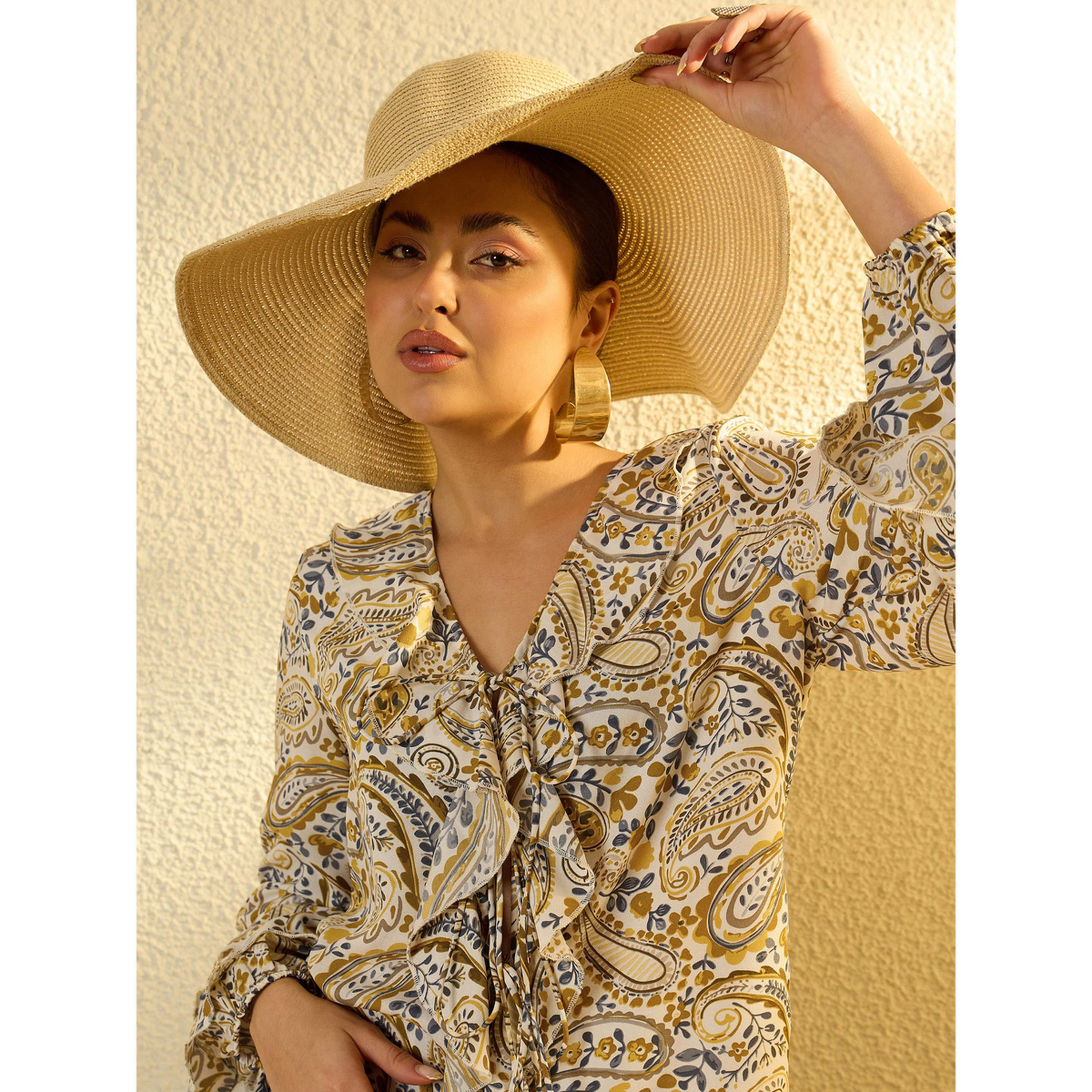 بلوزة بكشكش وطبعة بيزلي خردلي-women-clothing-shirtsandblouses-blouses-image-4