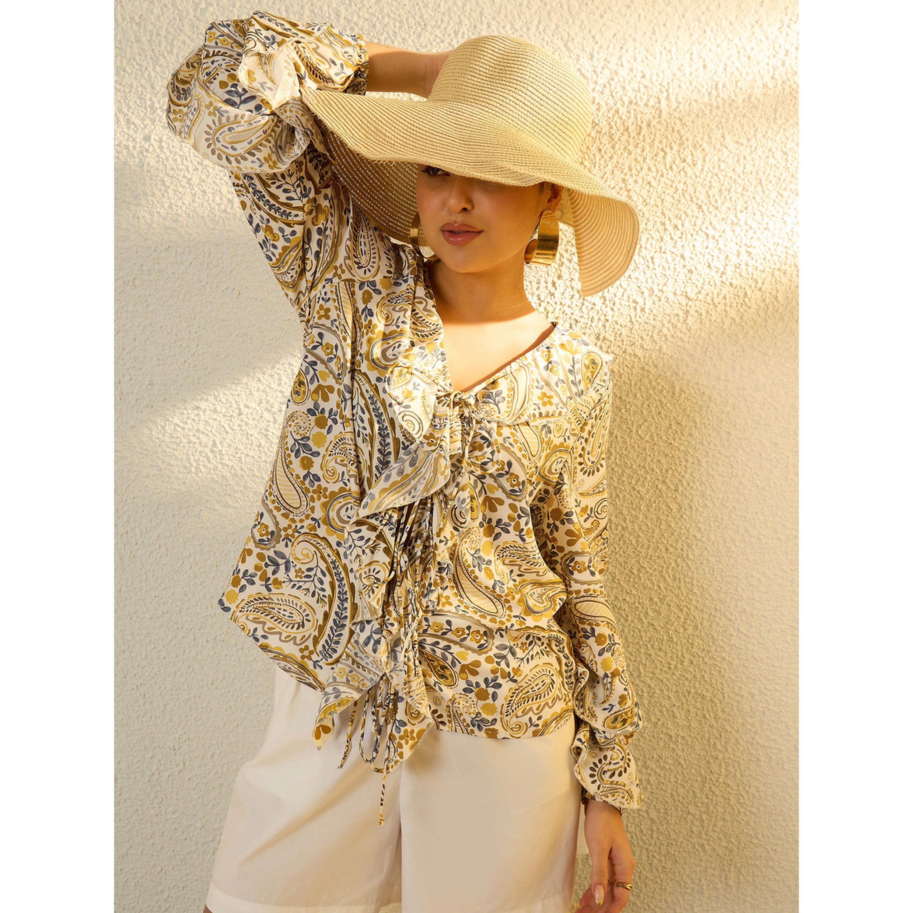 بلوزة بكشكش وطبعة بيزلي خردلي-women-clothing-shirtsandblouses-blouses-image-6