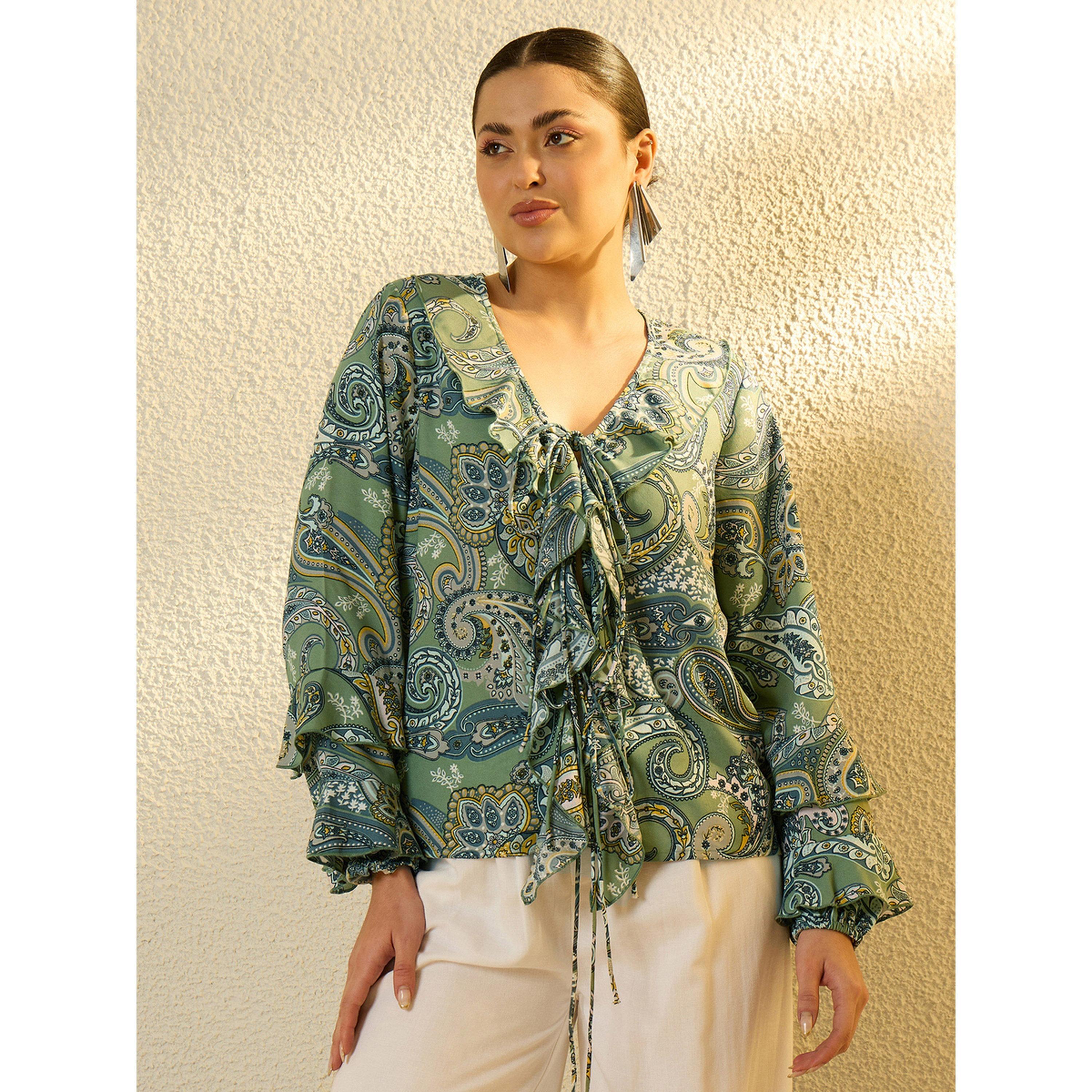 بلوزة بكشكش وطبعة بيزلي أخضر-women-clothing-shirtsandblouses-blouses-image-1