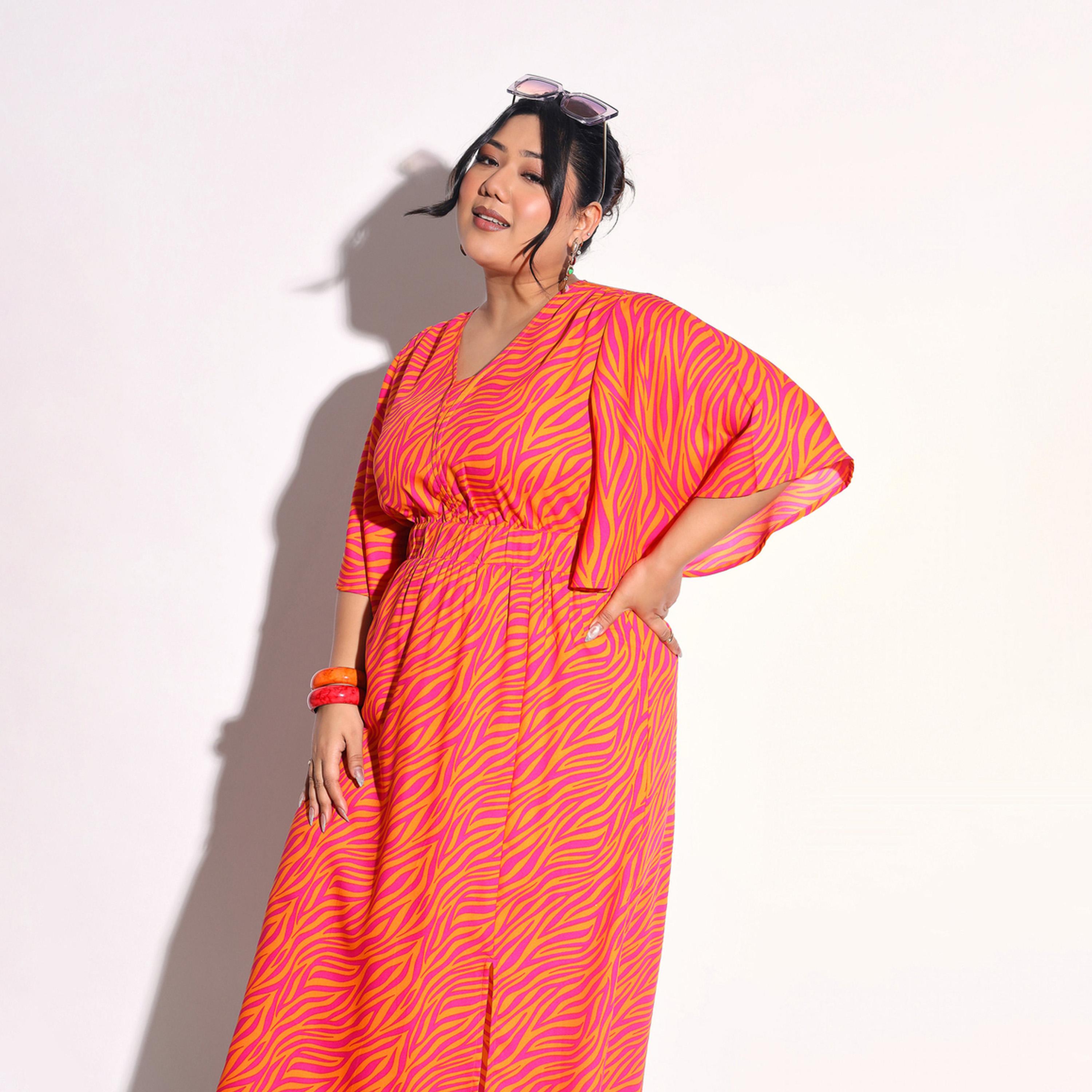 فستان ميدي بفتحة أمامية مطبوع مقاس كبير-women-clothing-dresses-image-2