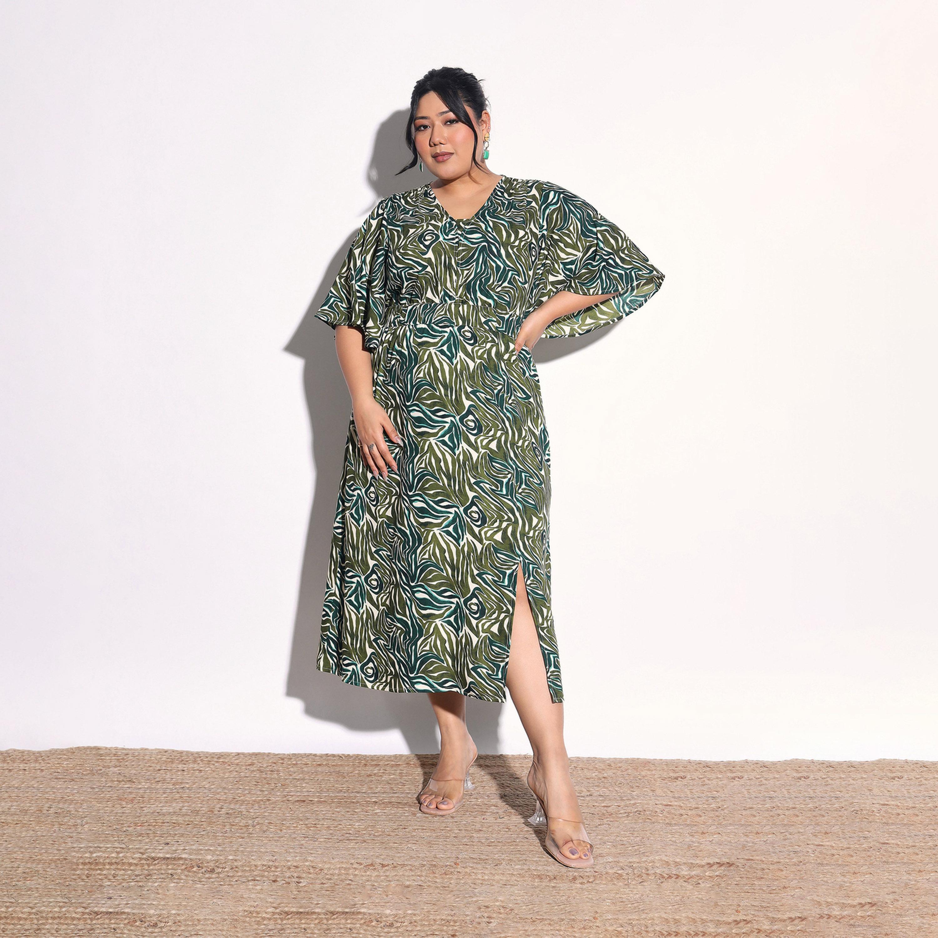 Sassafras X Styli Plus Size Printed Front Slit Midi Dress-women-clothing-dresses-image-1