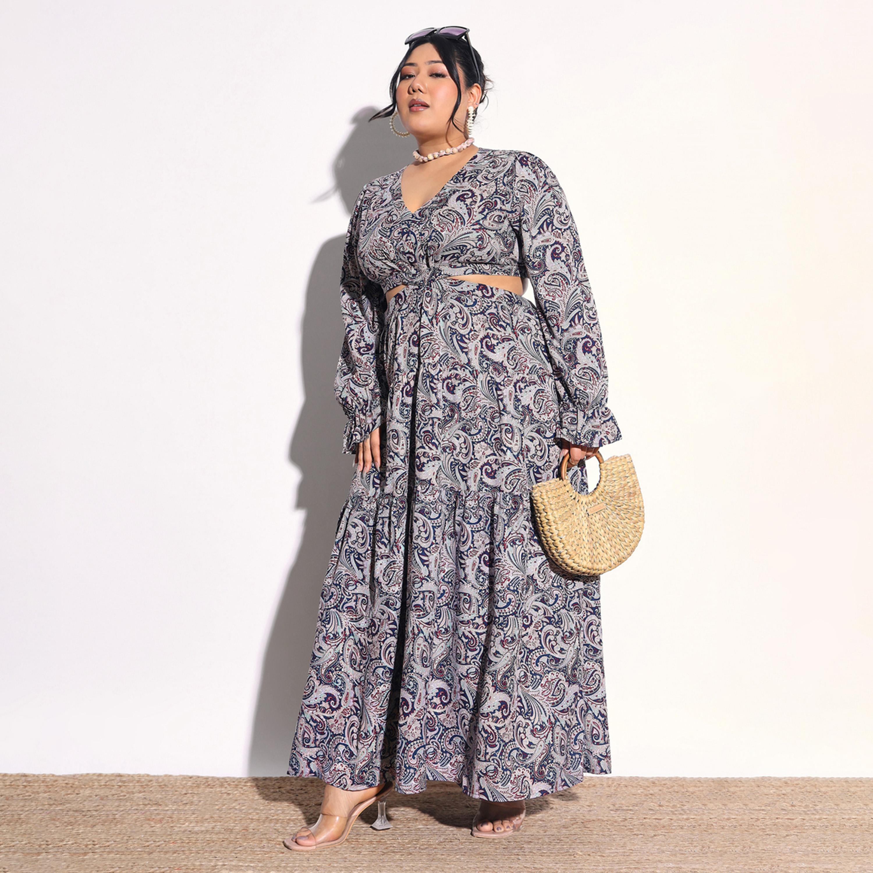 فستان طويل بطبعات بيزلي وتفاصيل فتحات بمقاس كبير-women-clothing-dresses-image-1