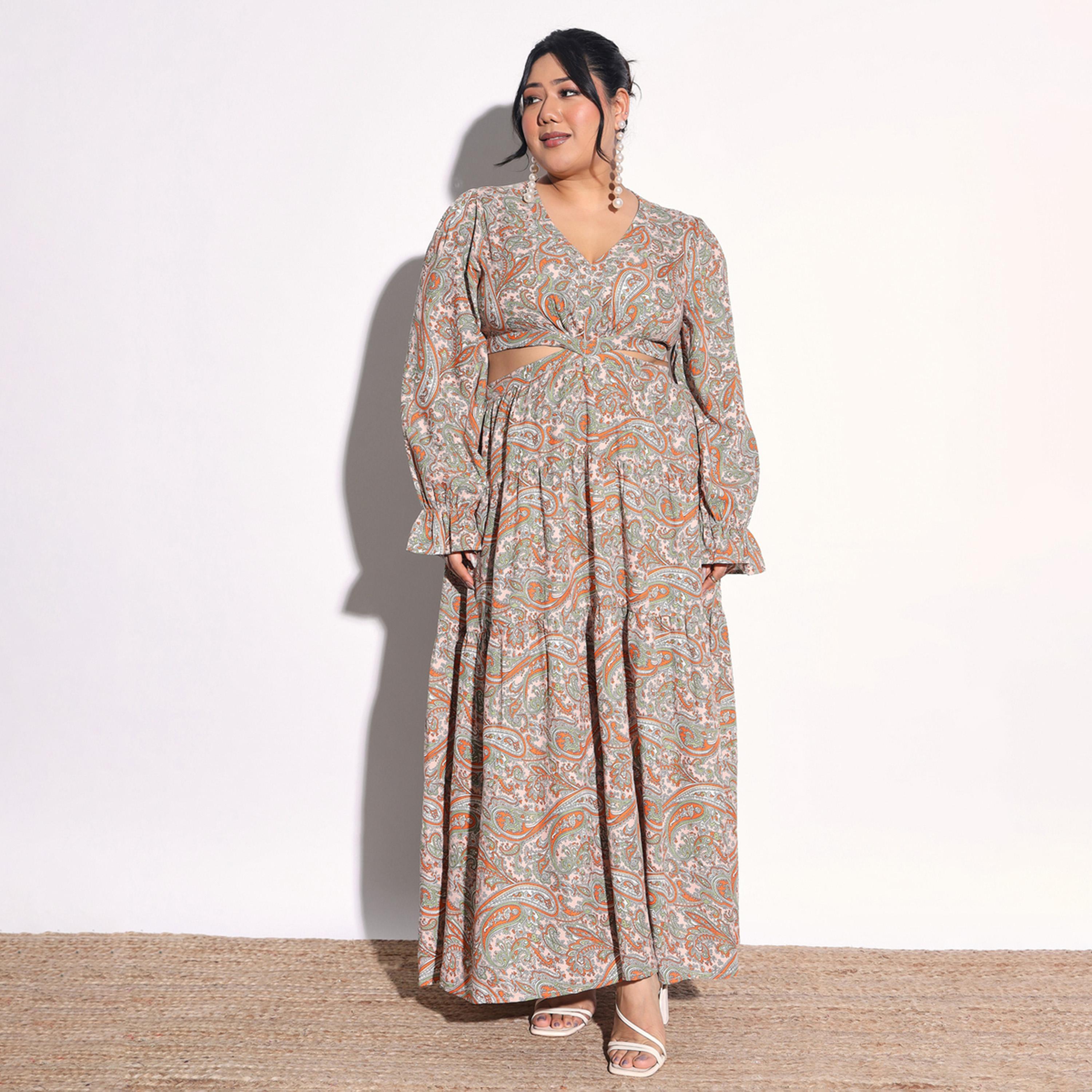 فستان طويل بطبعات بيزلي وتفاصيل فتحات بمقاس كبير-women-clothing-dresses-image-1