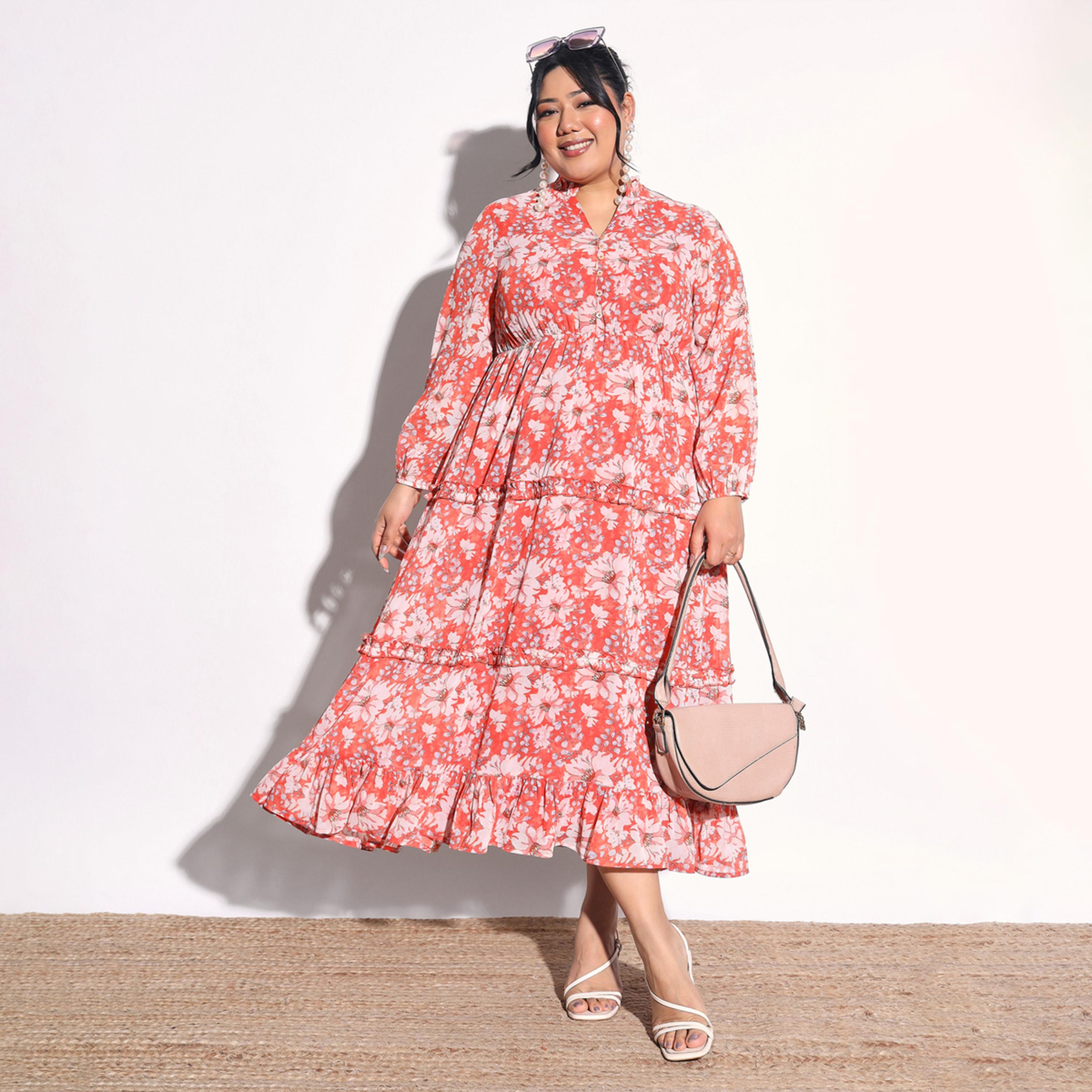 Sassafras X Styli Plus Size Orange Floral V-Neck Tiered Maxi Dress-women-clothing-dresses-image-1