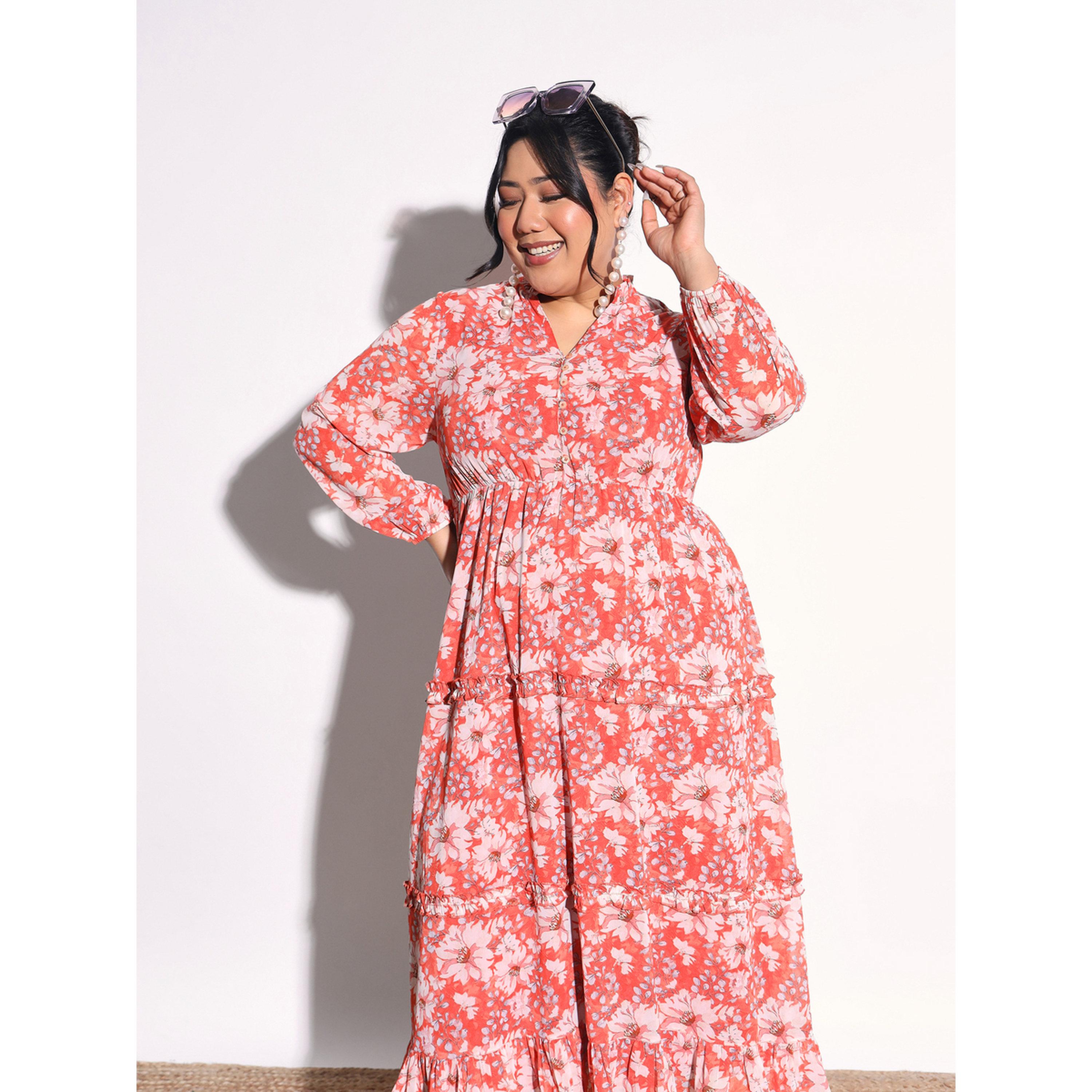 Sassafras X Styli Plus Size Orange Floral V-Neck Tiered Maxi Dress-women-clothing-dresses-image-2