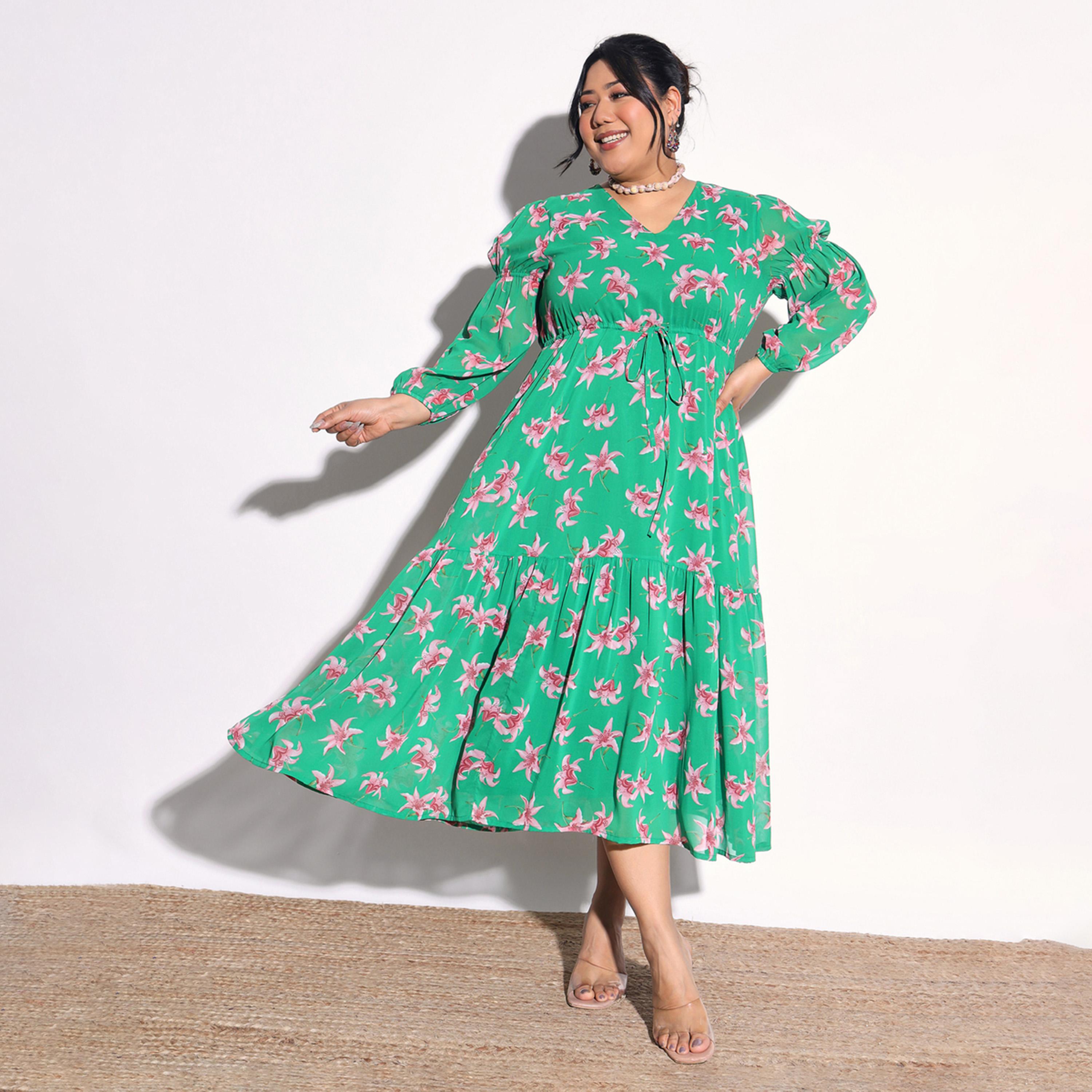 Sassafras X Styli Plus Size Green Floral Tiered Drawstring Midi Dress-women-clothing-dresses-image-1