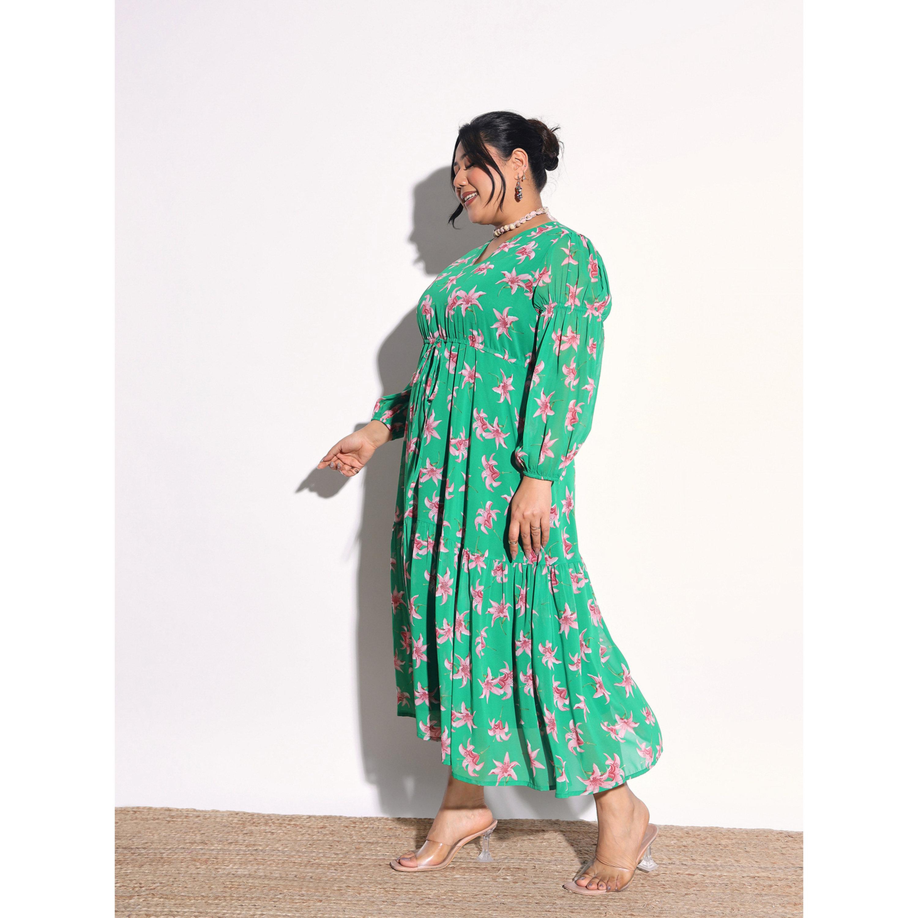 Sassafras X Styli Plus Size Green Floral Tiered Drawstring Midi Dress-women-clothing-dresses-image-3