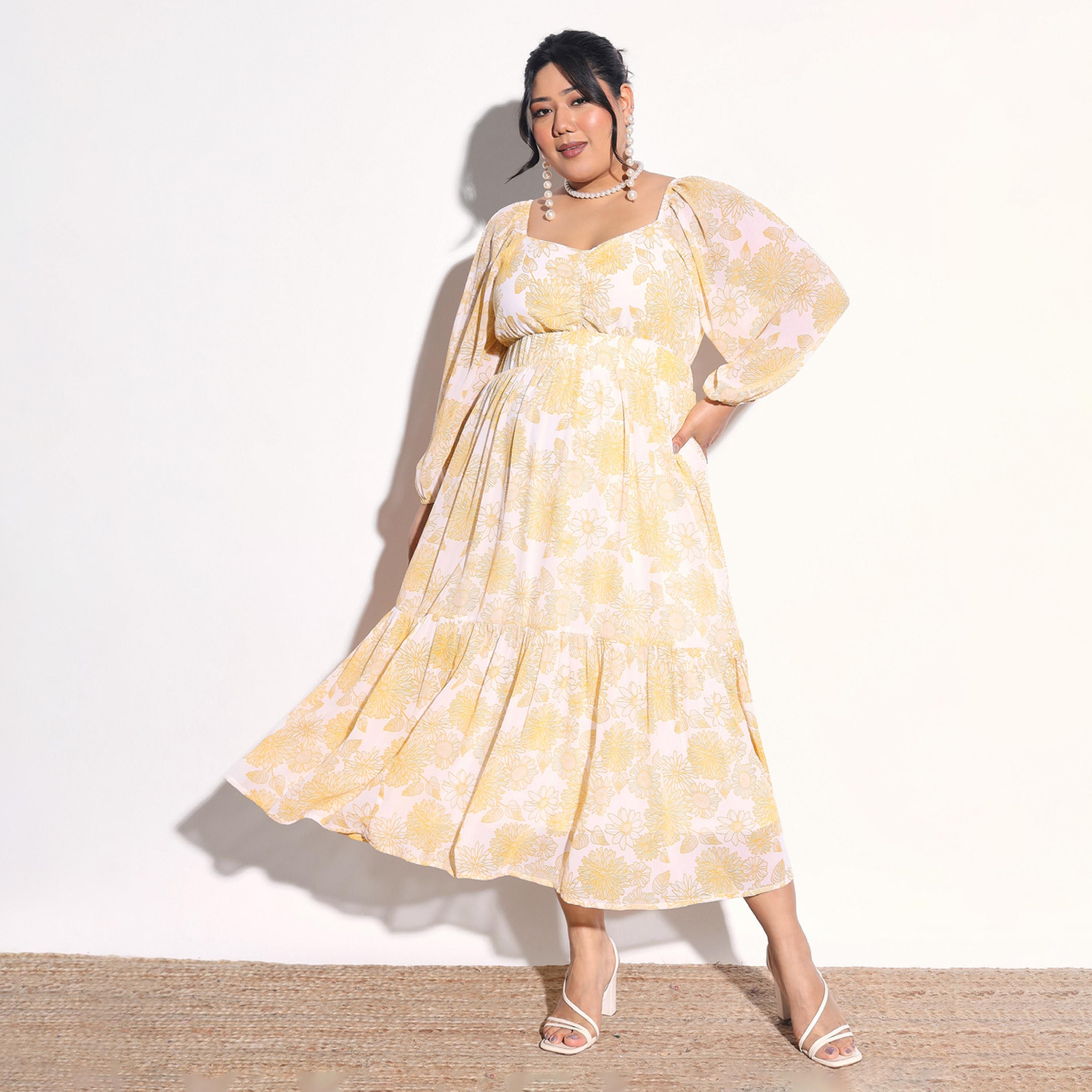 Sassafras X Styli Plus Size Yellow Floral Tiered Midi Dress-women-clothing-dresses-image-1