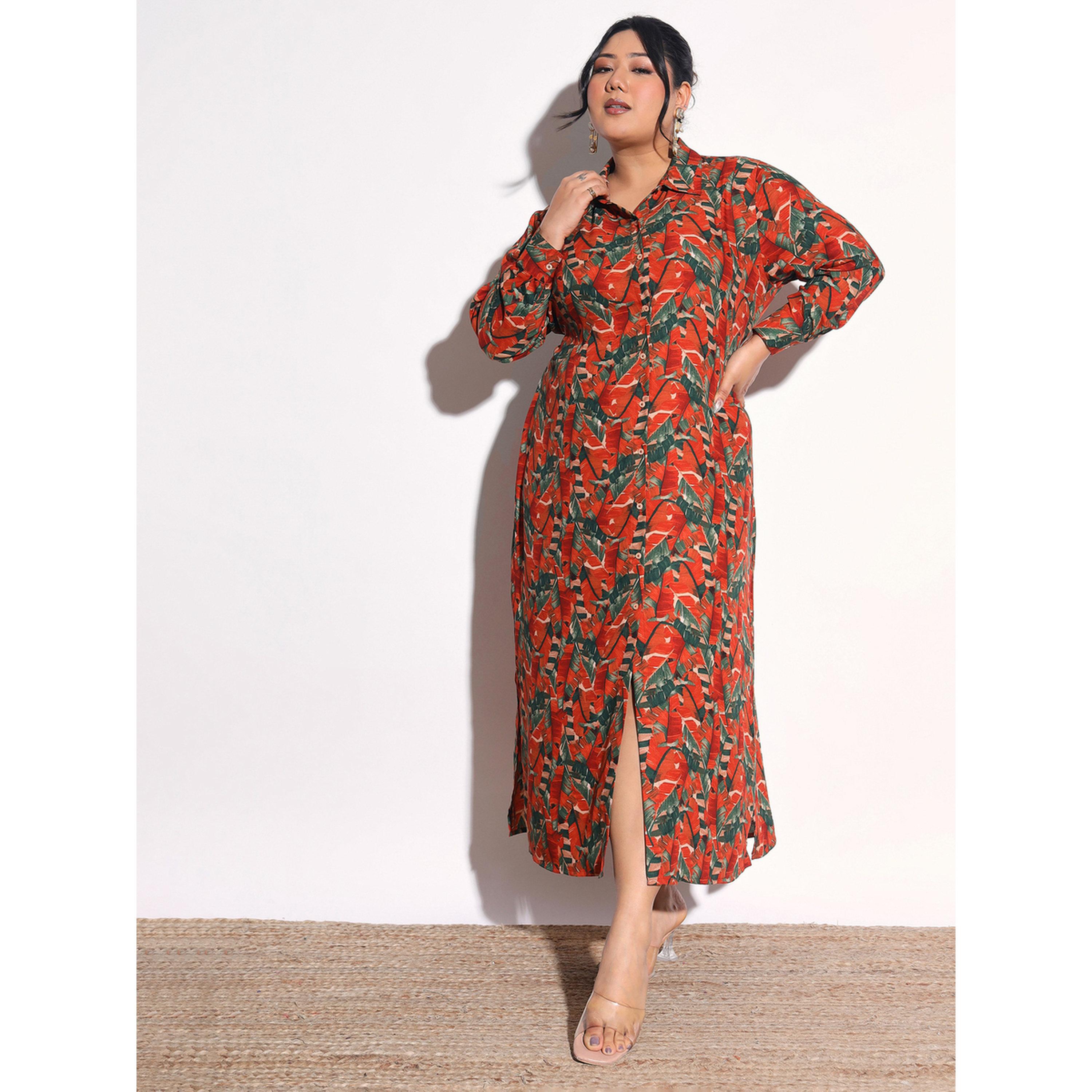 Sassafras X Styli Plus Size Rust Tropical Print Maxi Shirt Dress-women-clothing-dresses-image-6