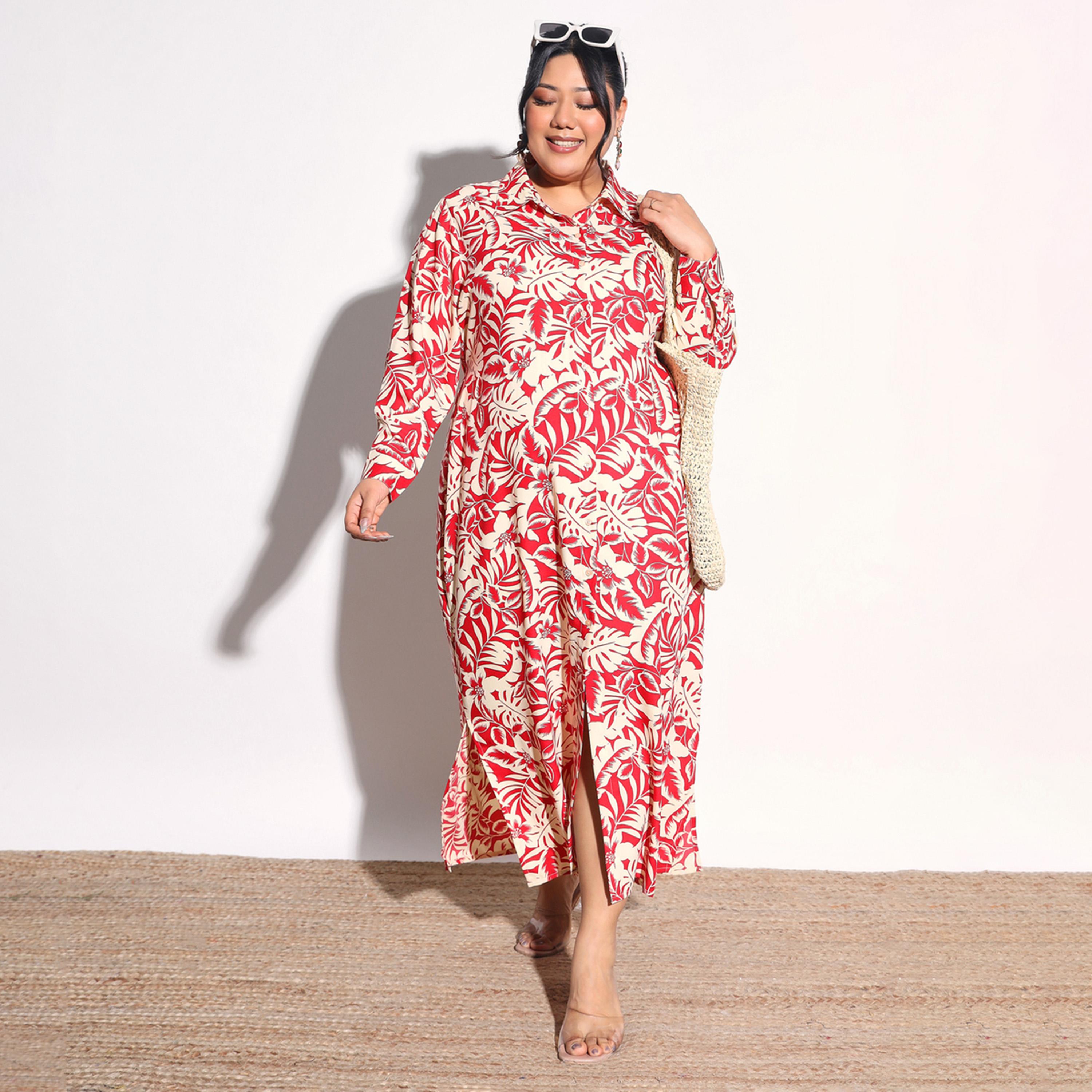 فستان قميص طويل بطبعات زهور بمقاس كبير-women-clothing-dresses-image-1
