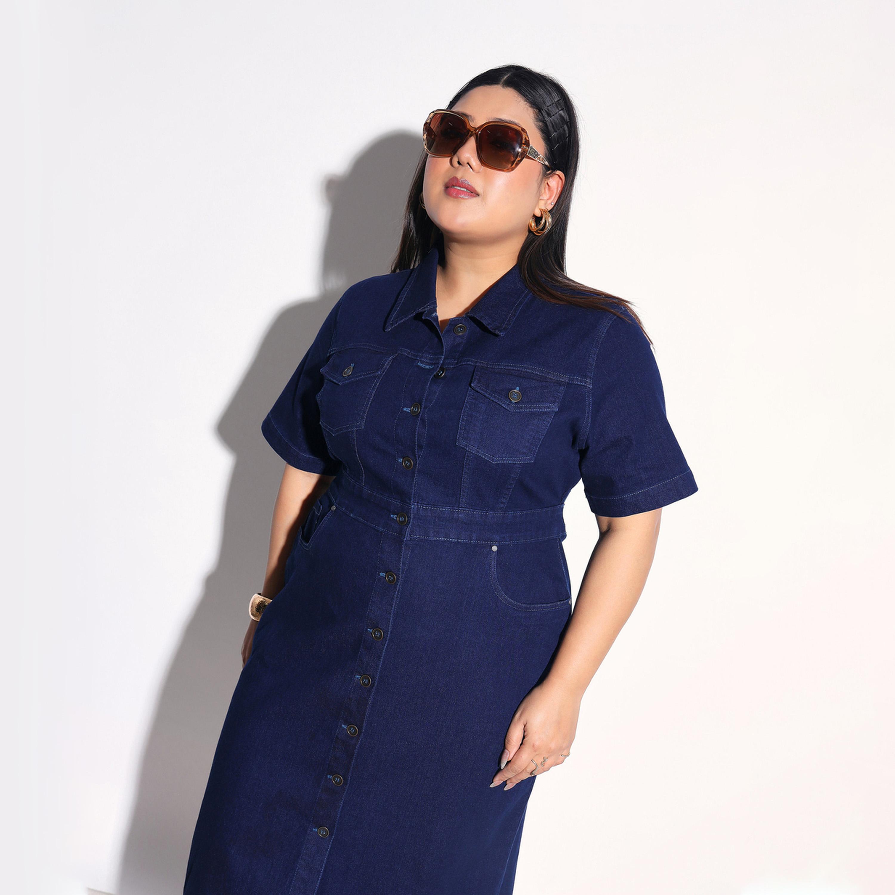 فستان ميدي قميص دنيم بمقاس كبير وبأزرار أمامية-women-clothing-dresses-image-2