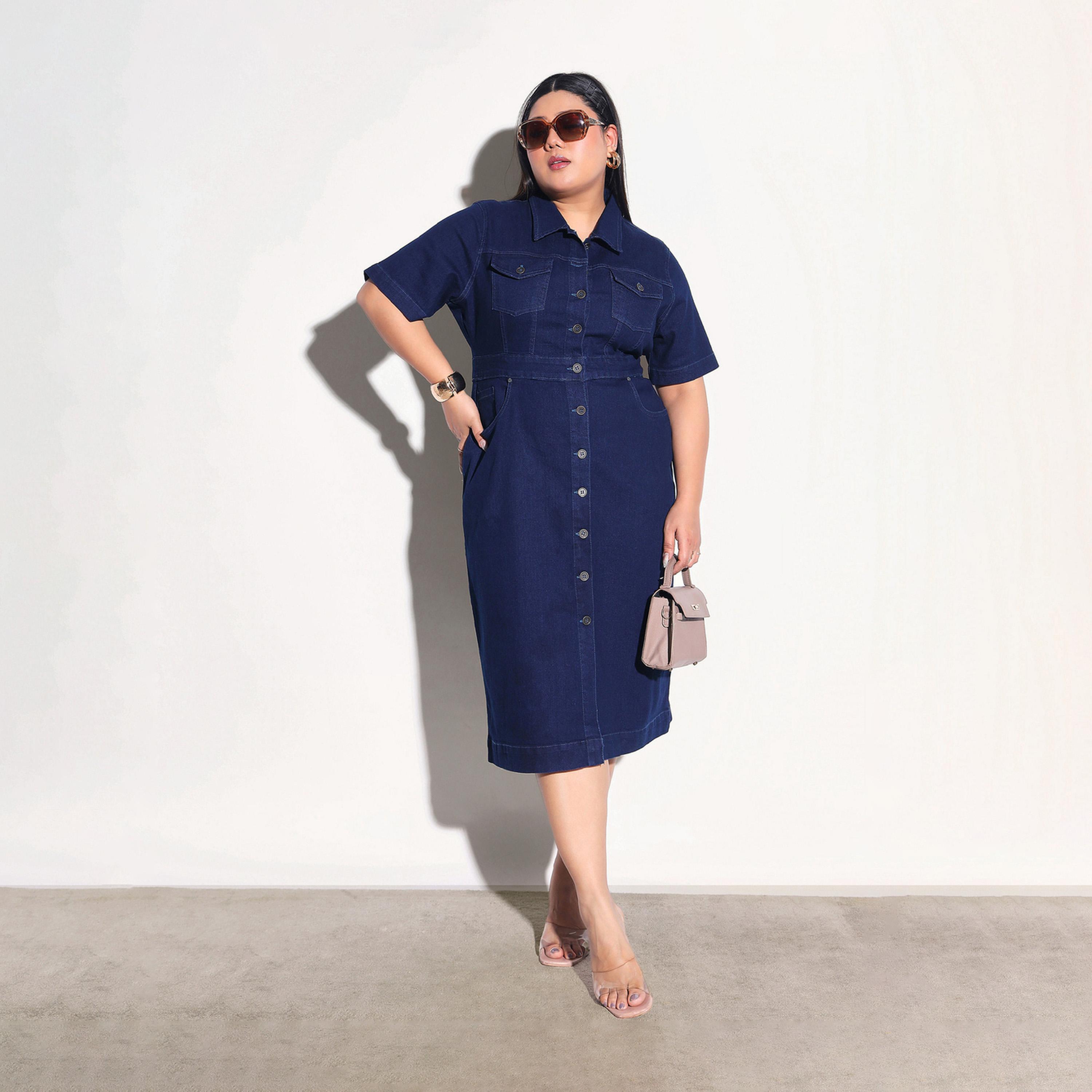 Sassafras X Styli Plus Size Front Button Denim Shirt Midi Dress-women-clothing-dresses-image-4